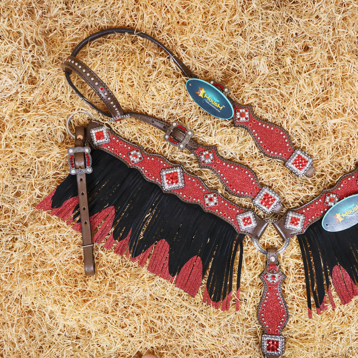 MOUSM Western Headstall and Breast Collar Tack Set Decorated with Red Glitter Inlay Surrounded by Silver Beads, Matching Red-White Glitter Stone Conchos and Buckles, and Red-Black Glittered Leather Fringe.