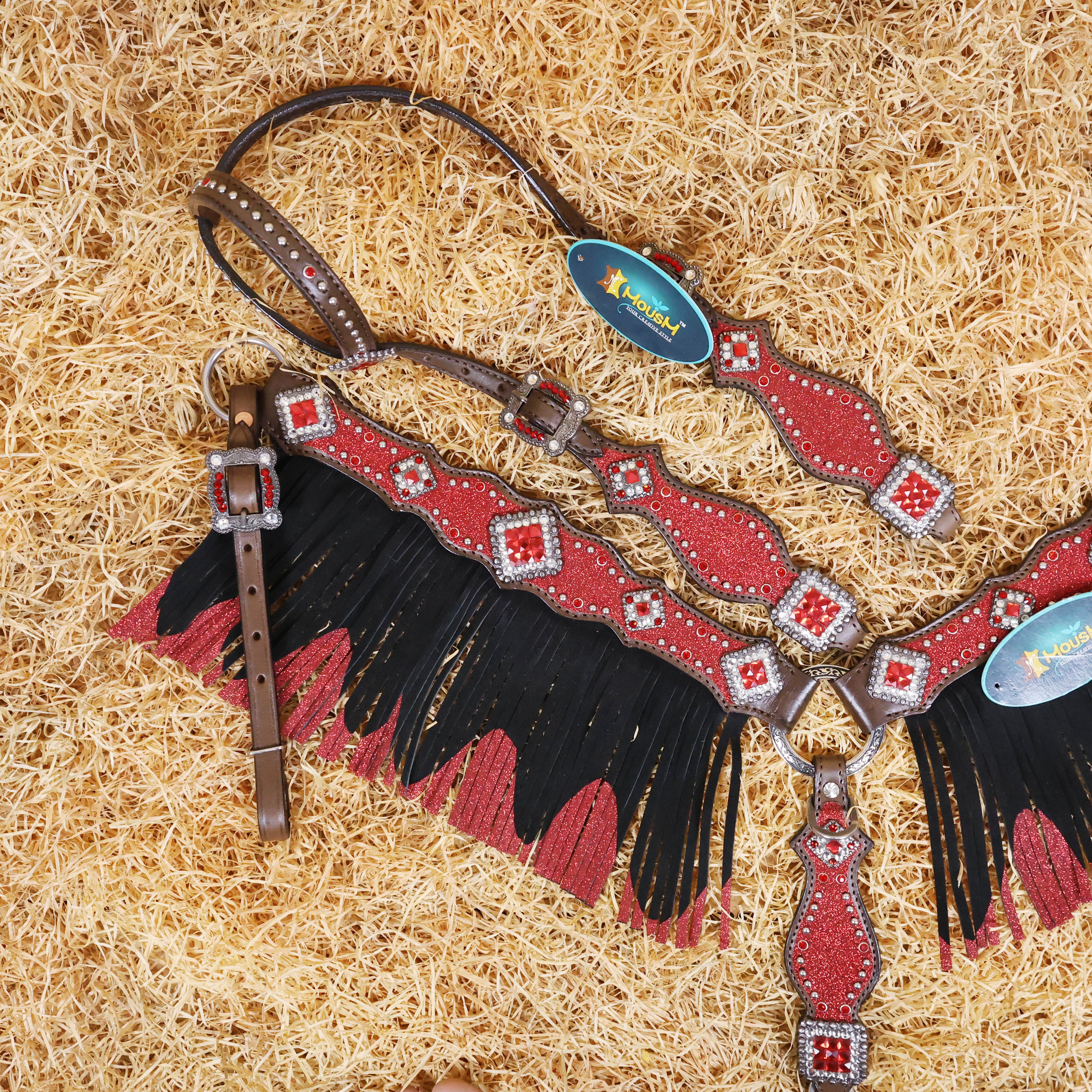MOUSM Western Headstall and Breast Collar Tack Set Decorated with Red Glitter Inlay Surrounded by Silver Beads, Matching Red-White Glitter Stone Conchos and Buckles, and Red-Black Glittered Leather Fringe.
