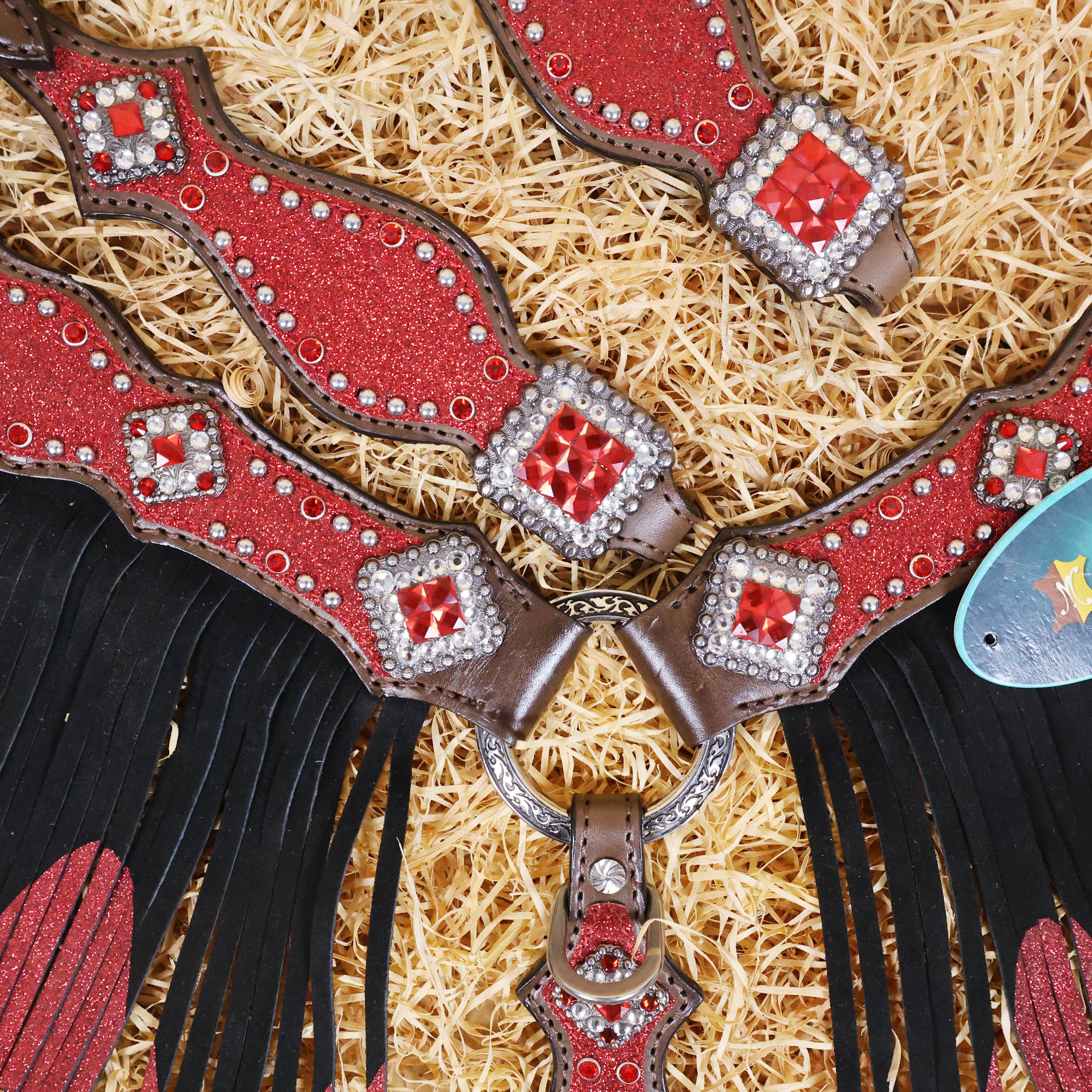 MOUSM Western Headstall and Breast Collar Tack Set Decorated with Red Glitter Inlay Surrounded by Silver Beads, Matching Red-White Glitter Stone Conchos and Buckles, and Red-Black Glittered Leather Fringe.
