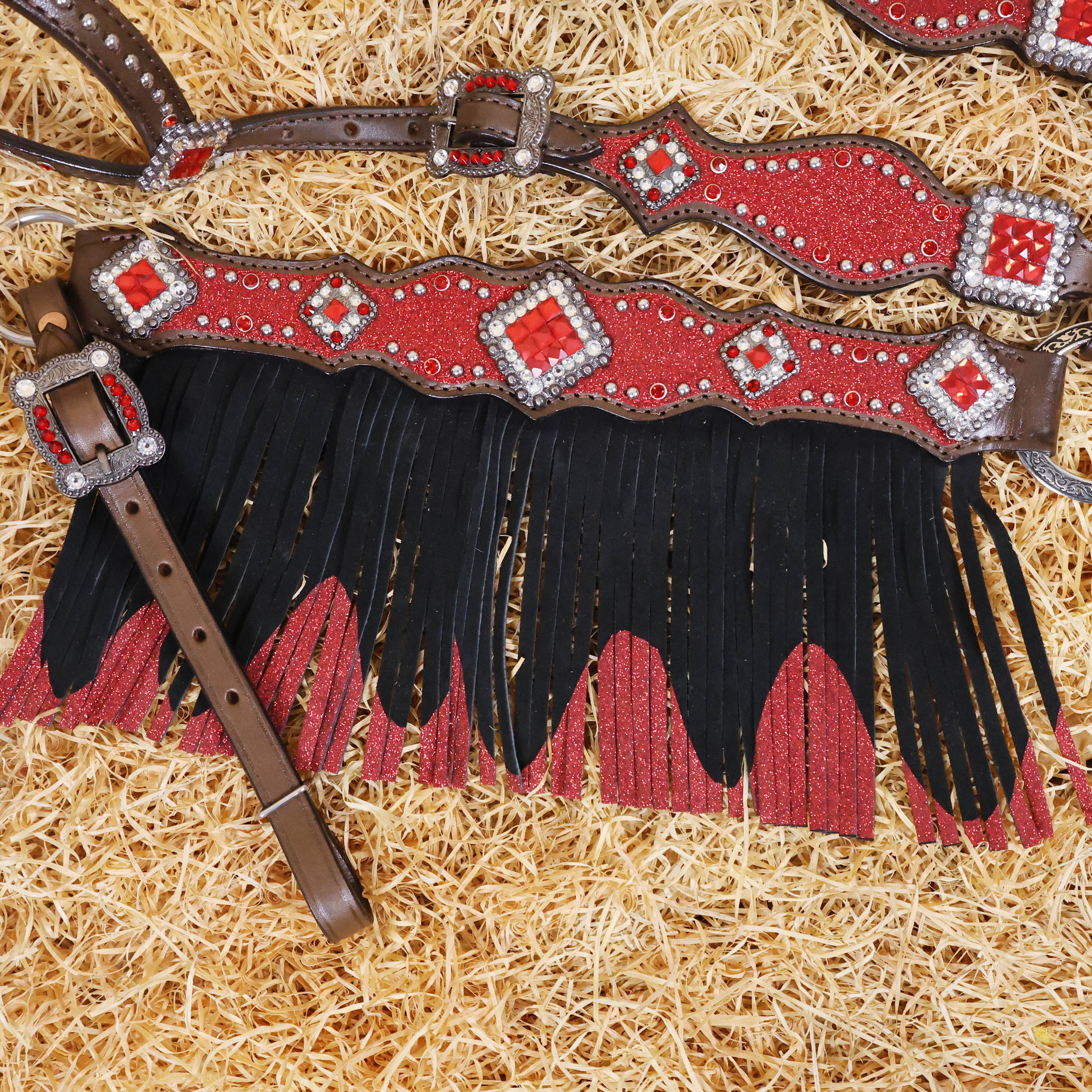 MOUSM Western Headstall and Breast Collar Tack Set Decorated with Red Glitter Inlay Surrounded by Silver Beads, Matching Red-White Glitter Stone Conchos and Buckles, and Red-Black Glittered Leather Fringe.