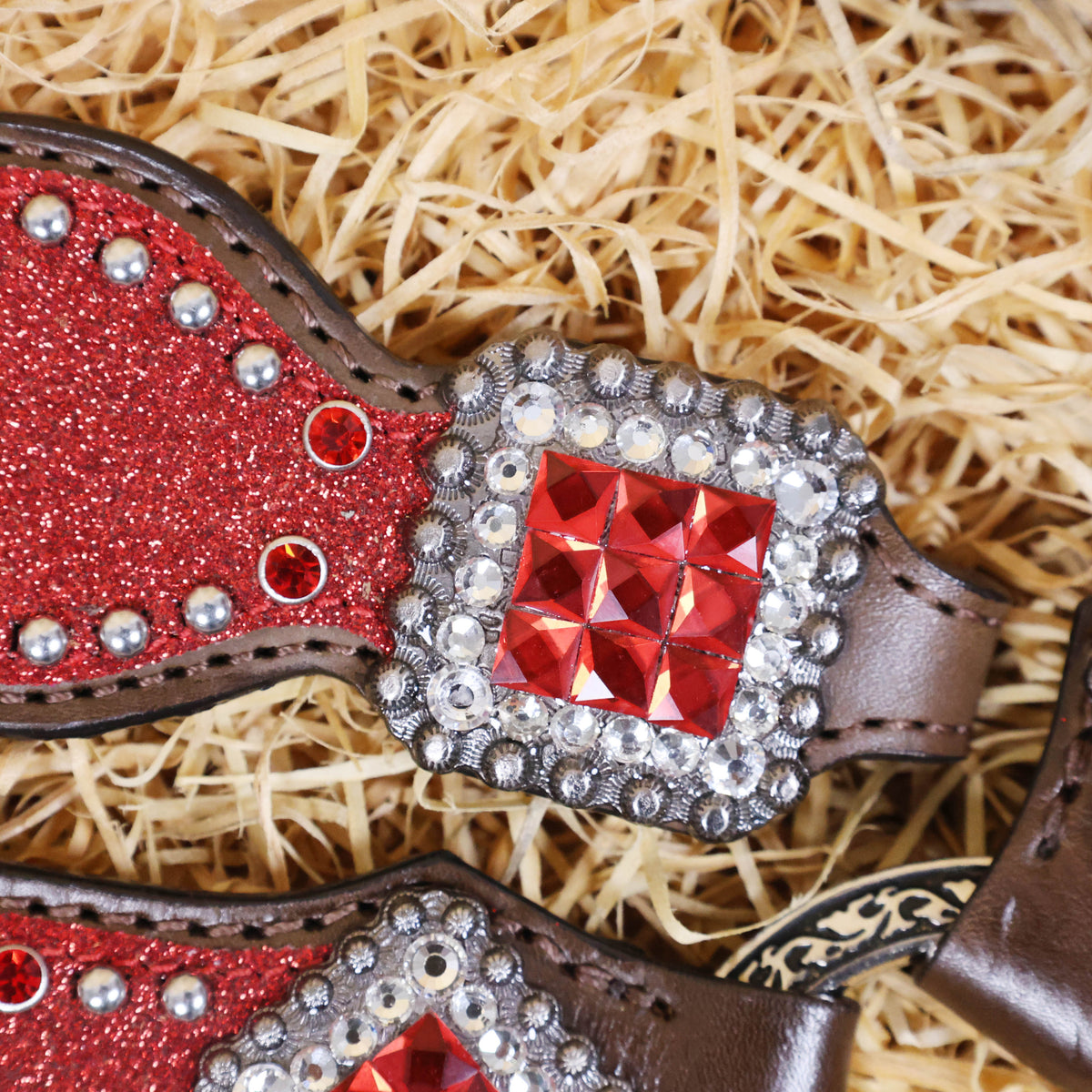 MOUSM Western Headstall and Breast Collar Tack Set Decorated with Red Glitter Inlay Surrounded by Silver Beads, Matching Red-White Glitter Stone Conchos and Buckles, and Red-Black Glittered Leather Fringe.