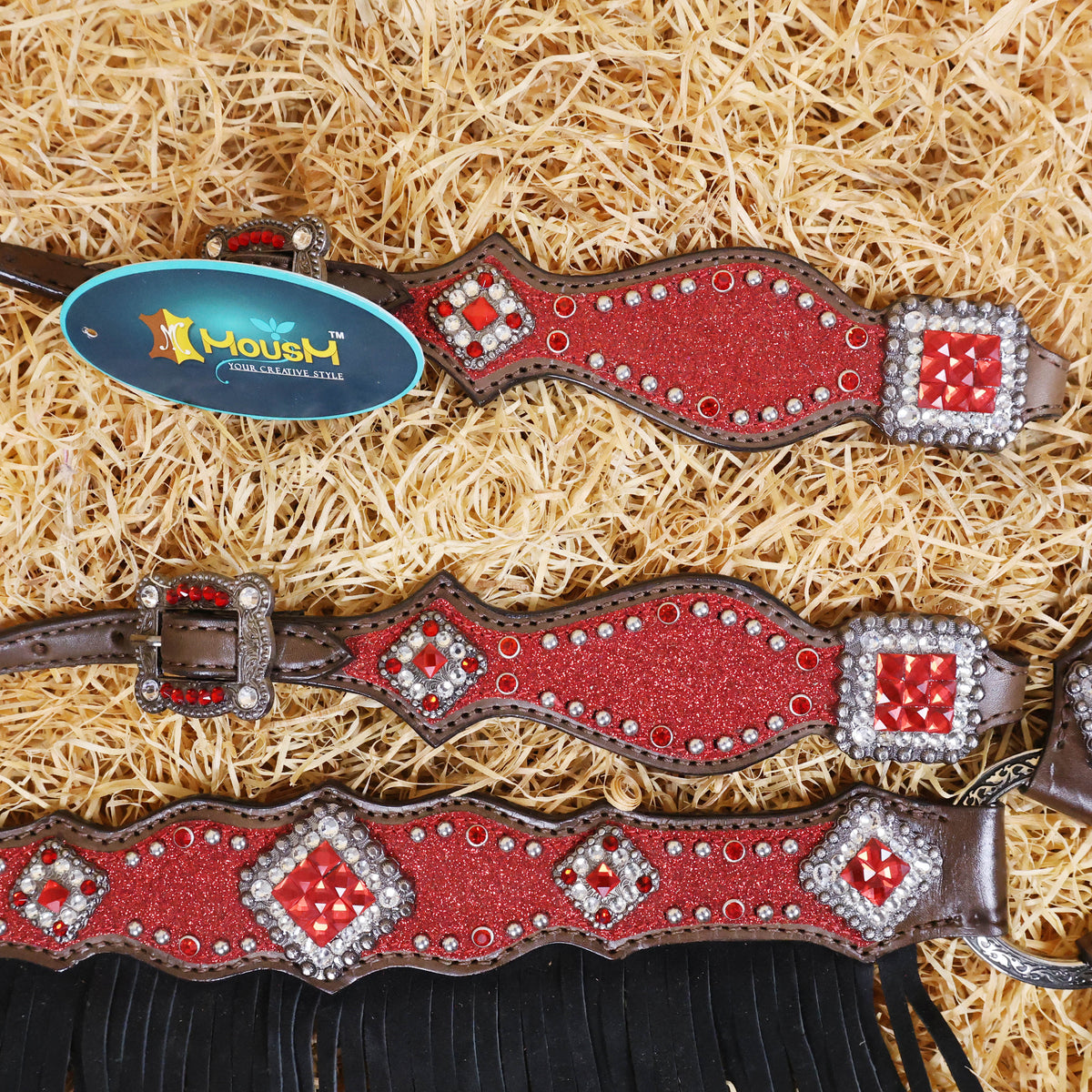 MOUSM Western Headstall and Breast Collar Tack Set Decorated with Red Glitter Inlay Surrounded by Silver Beads, Matching Red-White Glitter Stone Conchos and Buckles, and Red-Black Glittered Leather Fringe.