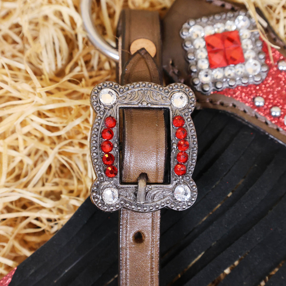 MOUSM Western Headstall and Breast Collar Tack Set Decorated with Red Glitter Inlay Surrounded by Silver Beads, Matching Red-White Glitter Stone Conchos and Buckles, and Red-Black Glittered Leather Fringe.