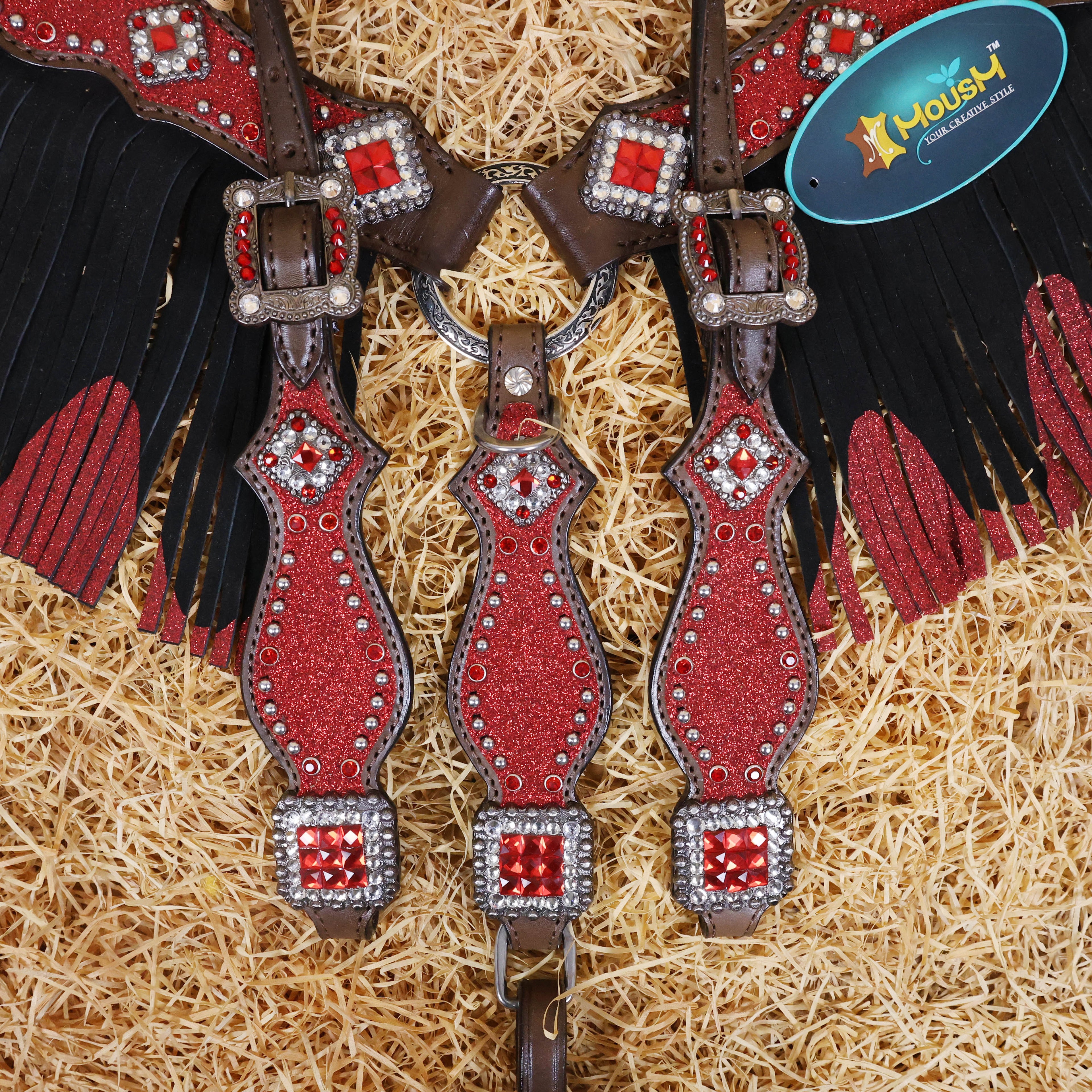 MOUSM Western Headstall and Breast Collar Tack Set Decorated with Red Glitter Inlay Surrounded by Silver Beads, Matching Red-White Glitter Stone Conchos and Buckles, and Red-Black Glittered Leather Fringe.