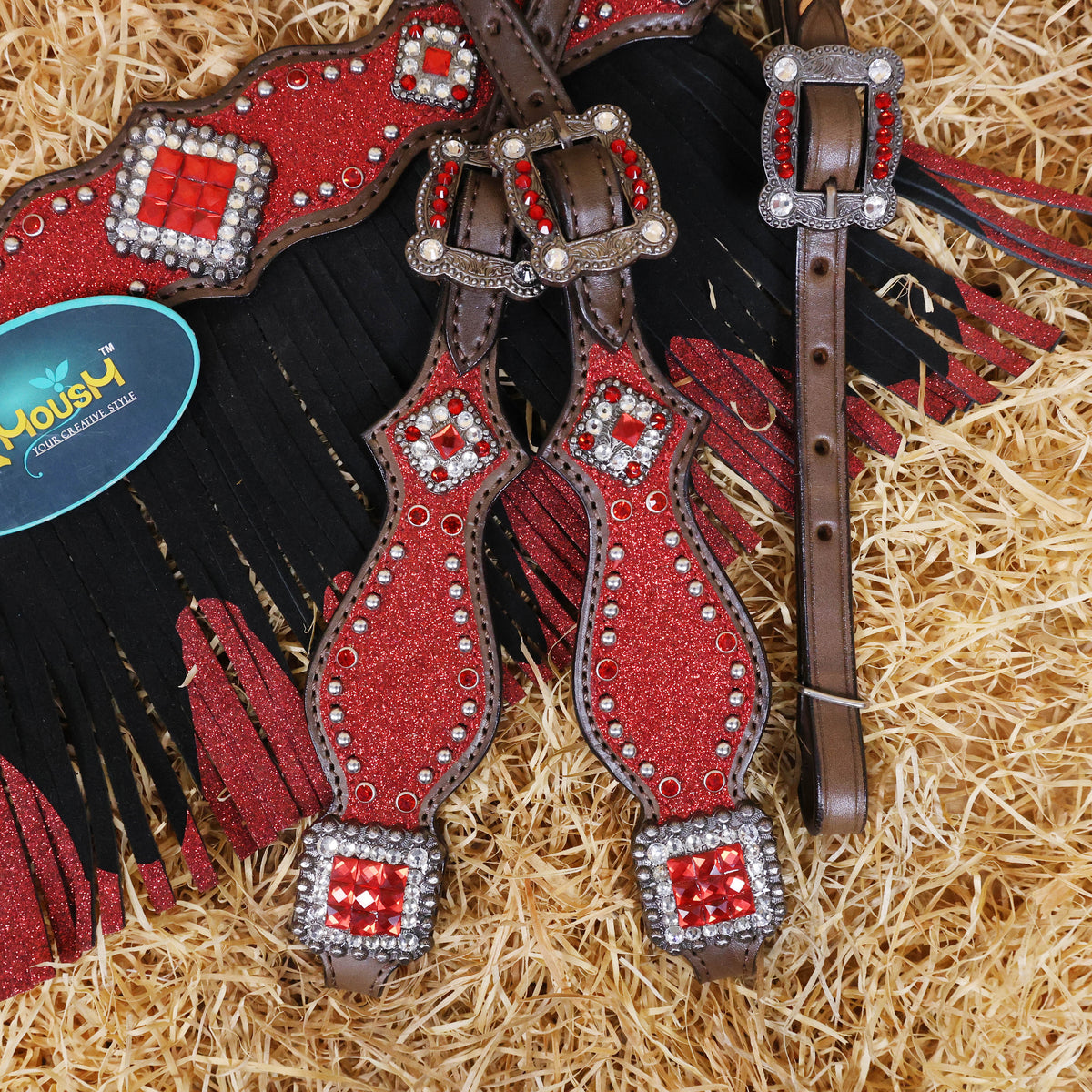 MOUSM Western Headstall and Breast Collar Tack Set Decorated with Red Glitter Inlay Surrounded by Silver Beads, Matching Red-White Glitter Stone Conchos and Buckles, and Red-Black Glittered Leather Fringe.
