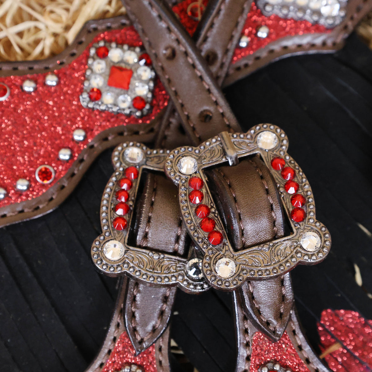 MOUSM Western Headstall and Breast Collar Tack Set Decorated with Red Glitter Inlay Surrounded by Silver Beads, Matching Red-White Glitter Stone Conchos and Buckles, and Red-Black Glittered Leather Fringe.