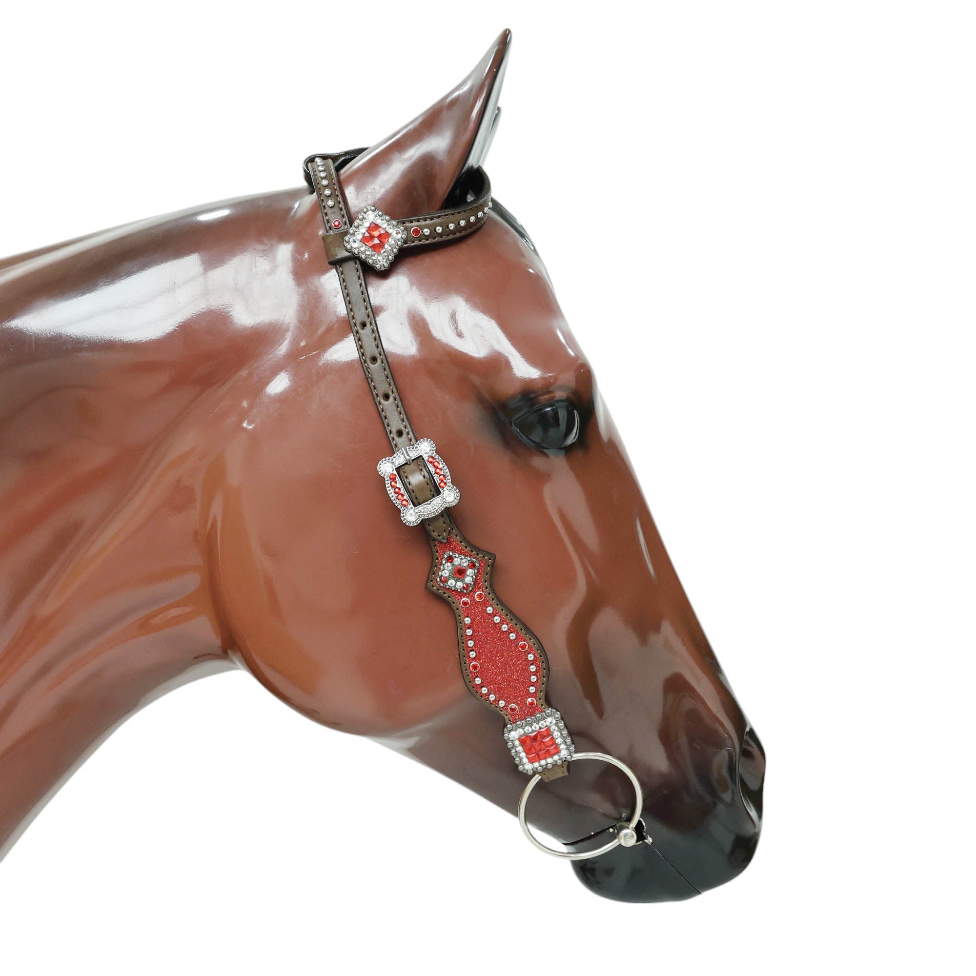 MOUSM Western Headstall and Breast Collar Tack Set Decorated with Red Glitter Inlay Surrounded by Silver Beads, Matching Red-White Glitter Stone Conchos and Buckles, and Red-Black Glittered Leather Fringe.
