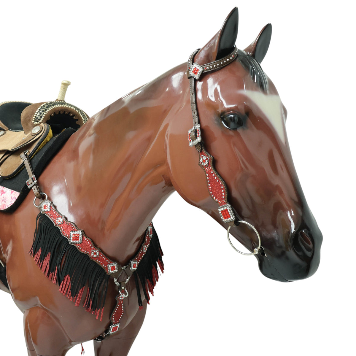 MOUSM Western Headstall and Breast Collar Tack Set Decorated with Red Glitter Inlay Surrounded by Silver Beads, Matching Red-White Glitter Stone Conchos and Buckles, and Red-Black Glittered Leather Fringe.