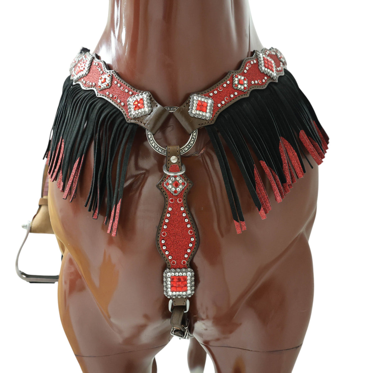 MOUSM Western Headstall and Breast Collar Tack Set Decorated with Red Glitter Inlay Surrounded by Silver Beads, Matching Red-White Glitter Stone Conchos and Buckles, and Red-Black Glittered Leather Fringe.