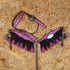 MOUSM Western Browband Headstall and Breast Collar Decorated with Pink Metallic Acid Wash Cowhide Inlay, Surrounded by Metal Beads, Flower Conchos with White-Pink Stones, and Red-Black Glittered Leather Fringe.