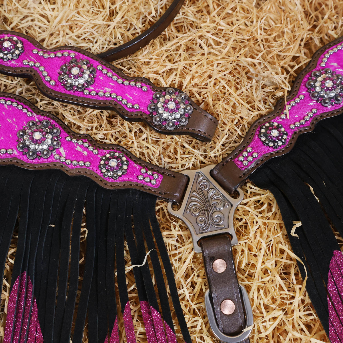 MOUSM Western Browband Headstall and Breast Collar Decorated with Pink Metallic Acid Wash Cowhide Inlay, Surrounded by Metal Beads, Flower Conchos with White-Pink Stones, and Red-Black Glittered Leather Fringe.