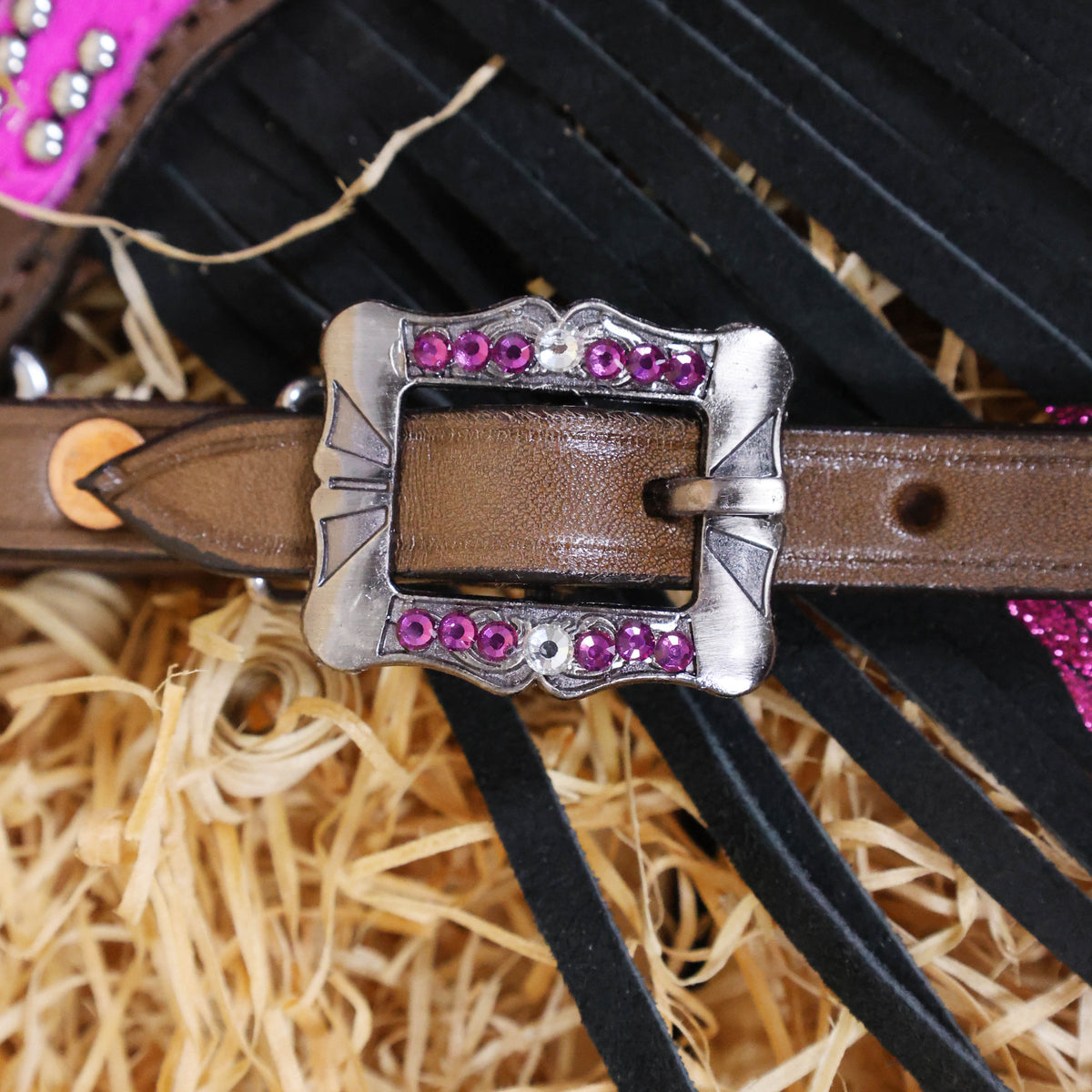 MOUSM Western Browband Headstall and Breast Collar Decorated with Pink Metallic Acid Wash Cowhide Inlay, Surrounded by Metal Beads, Flower Conchos with White-Pink Stones, and Red-Black Glittered Leather Fringe.