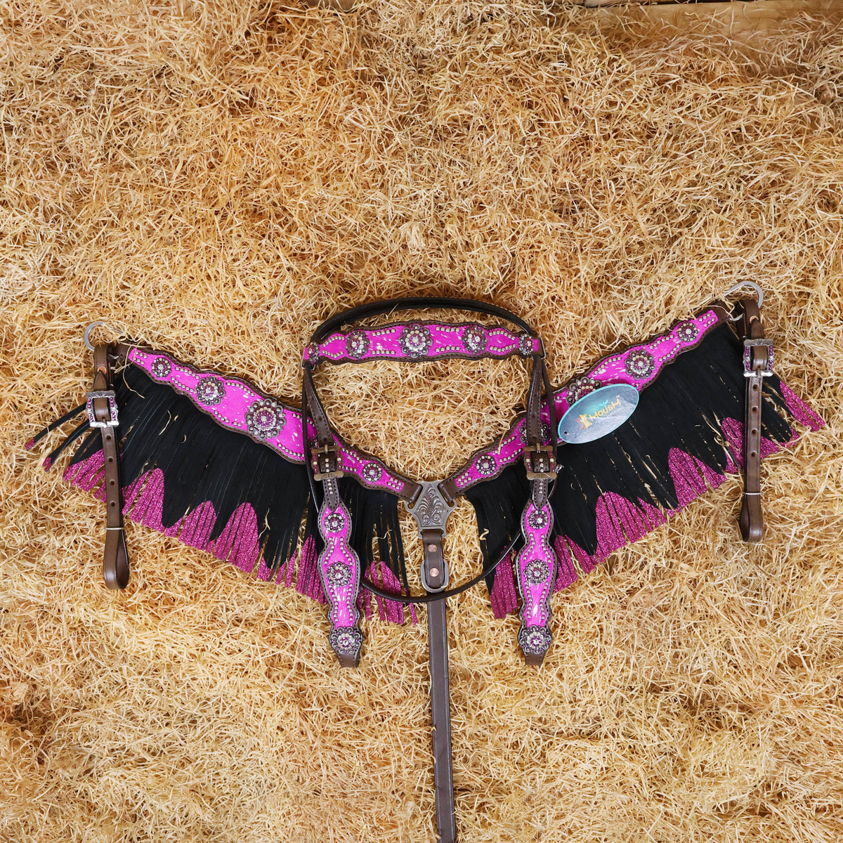 MOUSM Western Browband Headstall and Breast Collar Decorated with Pink Metallic Acid Wash Cowhide Inlay, Surrounded by Metal Beads, Flower Conchos with White-Pink Stones, and Red-Black Glittered Leather Fringe.