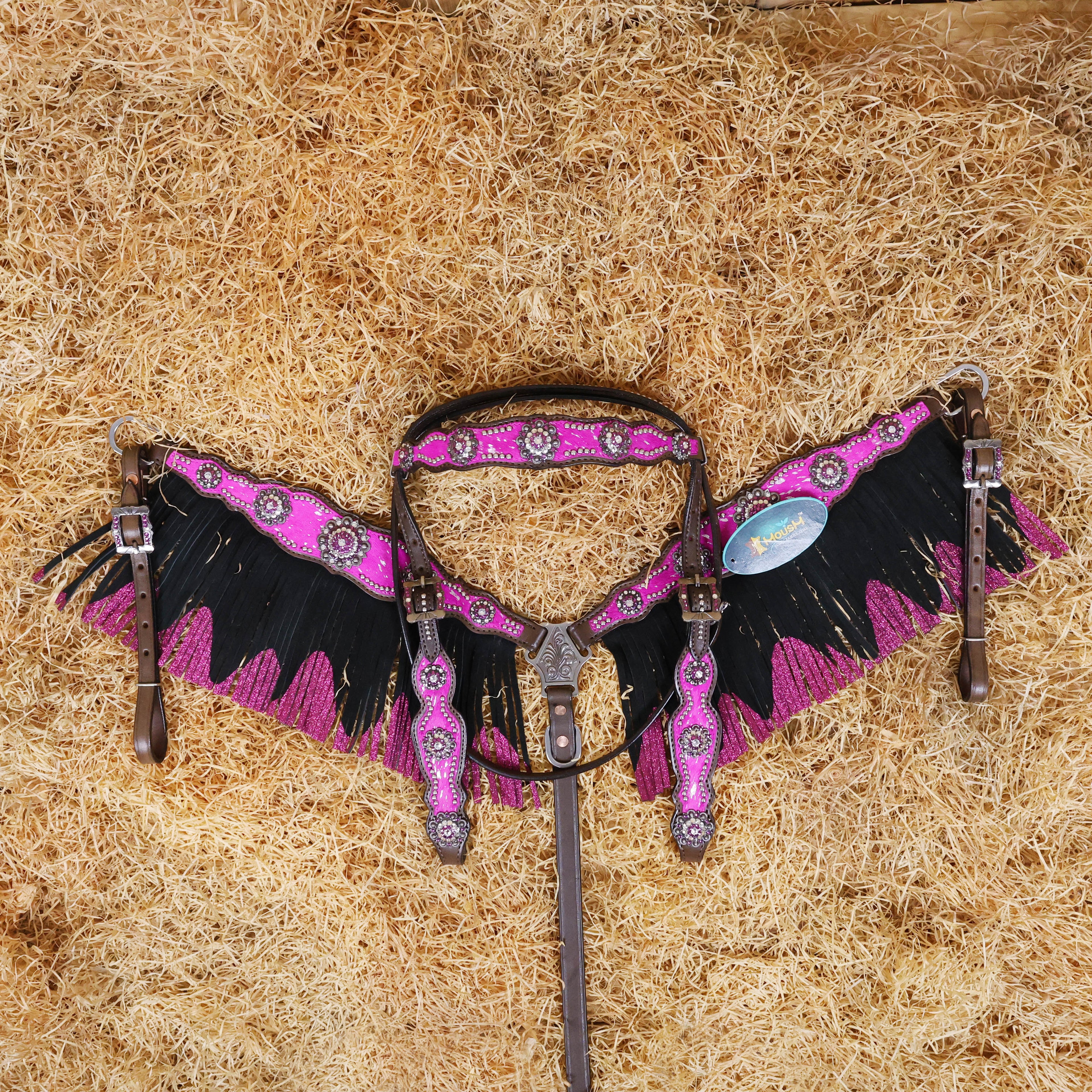 MOUSM Western Browband Headstall and Breast Collar Decorated with Pink Metallic Acid Wash Cowhide Inlay, Surrounded by Metal Beads, Flower Conchos with White-Pink Stones, and Red-Black Glittered Leather Fringe.