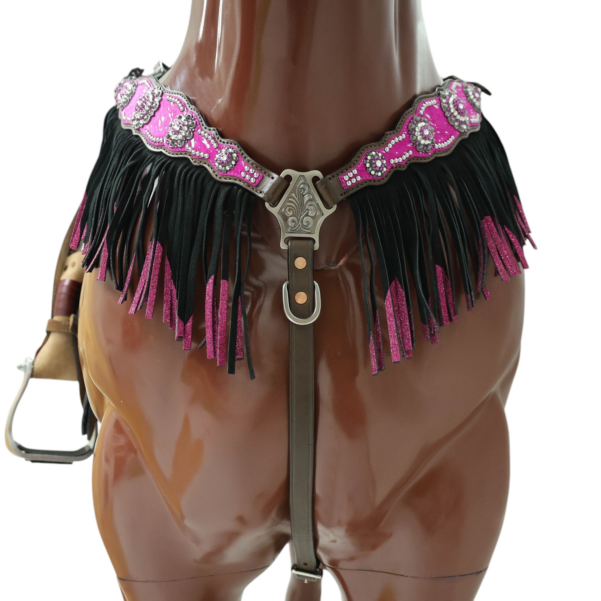 MOUSM Western Browband Headstall and Breast Collar Decorated with Pink Metallic Acid Wash Cowhide Inlay, Surrounded by Metal Beads, Flower Conchos with White-Pink Stones, and Red-Black Glittered Leather Fringe.