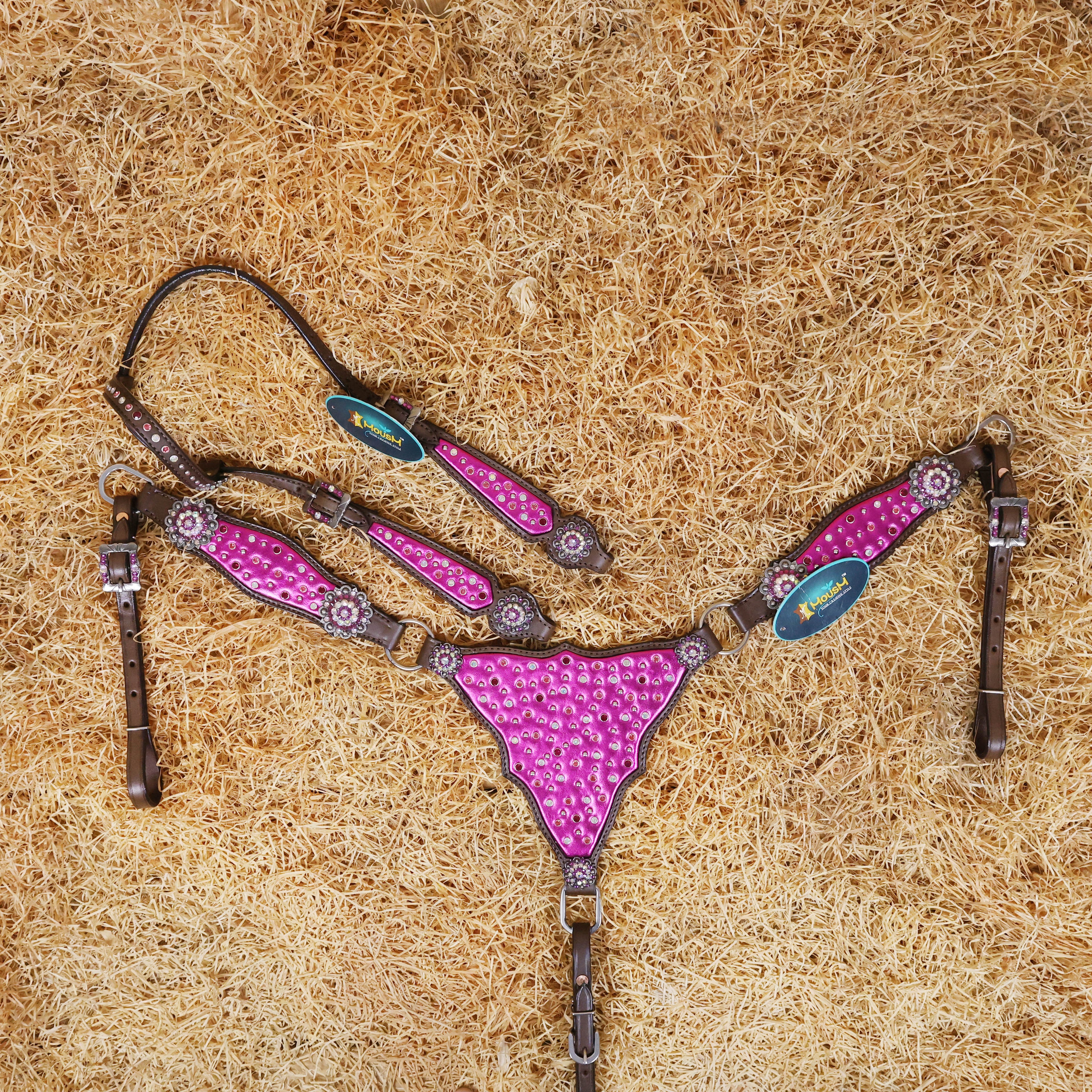 MOUSM Western Headstall and Breast Collar with Pink Gladiator Leather, Decorated with Red, White, and Orange Clear Stones, Surrounded by Matching Conchos and Buckles.