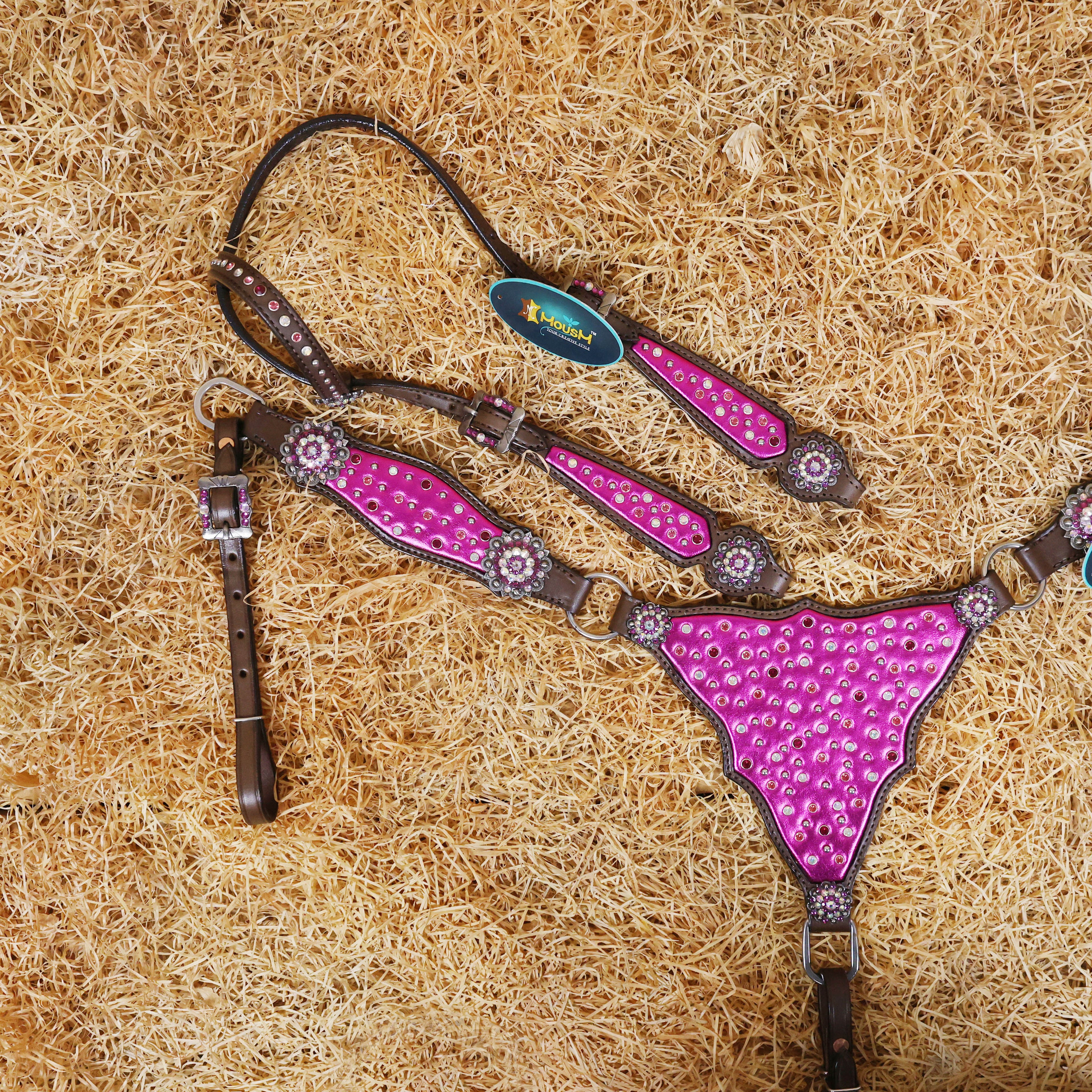 MOUSM Western Headstall and Breast Collar with Pink Gladiator Leather, Decorated with Red, White, and Orange Clear Stones, Surrounded by Matching Conchos and Buckles.