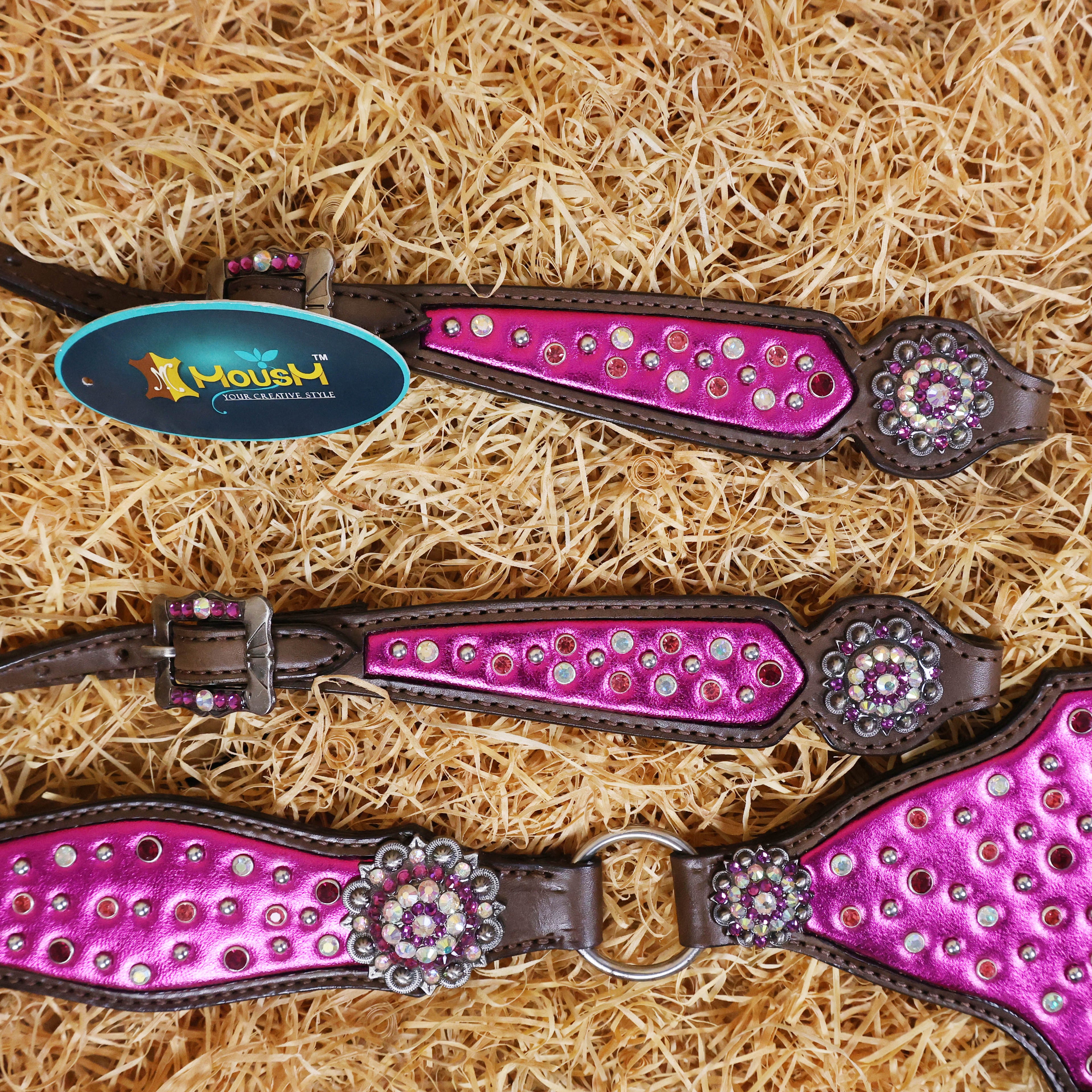 MOUSM Western Headstall and Breast Collar with Pink Gladiator Leather, Decorated with Red, White, and Orange Clear Stones, Surrounded by Matching Conchos and Buckles.