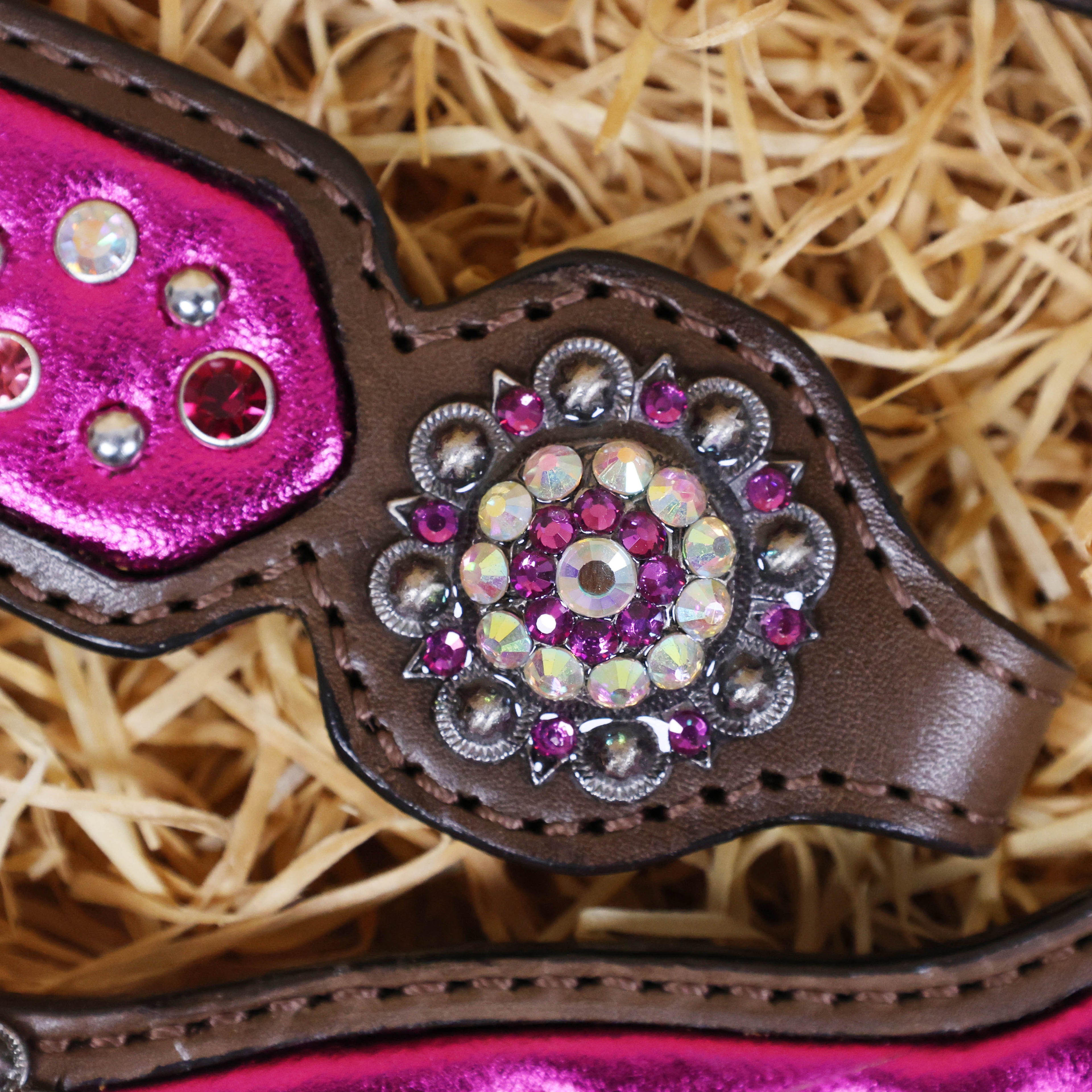 MOUSM Western Headstall and Breast Collar with Pink Gladiator Leather, Decorated with Red, White, and Orange Clear Stones, Surrounded by Matching Conchos and Buckles.