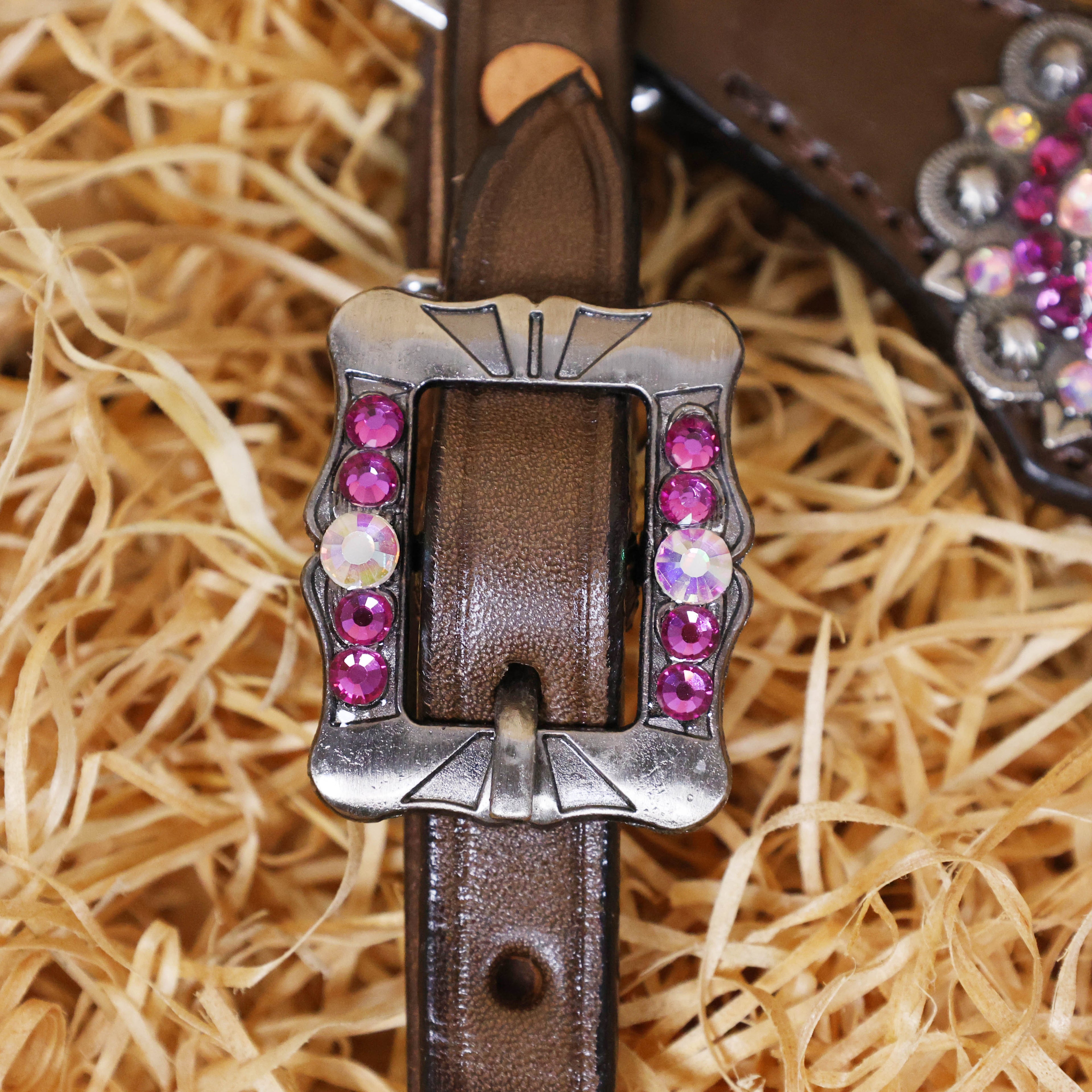 MOUSM Western Headstall and Breast Collar with Pink Gladiator Leather, Decorated with Red, White, and Orange Clear Stones, Surrounded by Matching Conchos and Buckles.