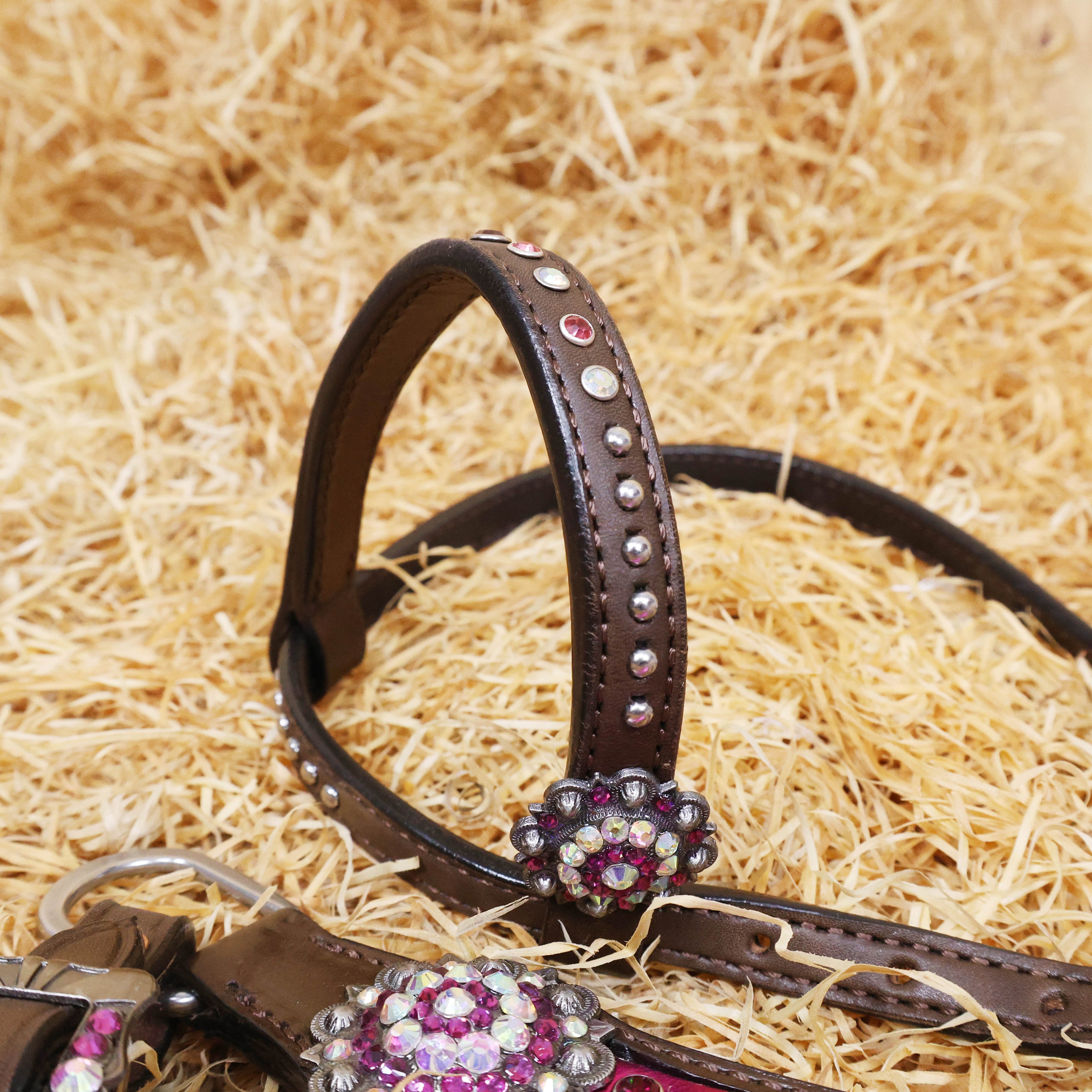 MOUSM Western Headstall and Breast Collar with Pink Gladiator Leather, Decorated with Red, White, and Orange Clear Stones, Surrounded by Matching Conchos and Buckles.