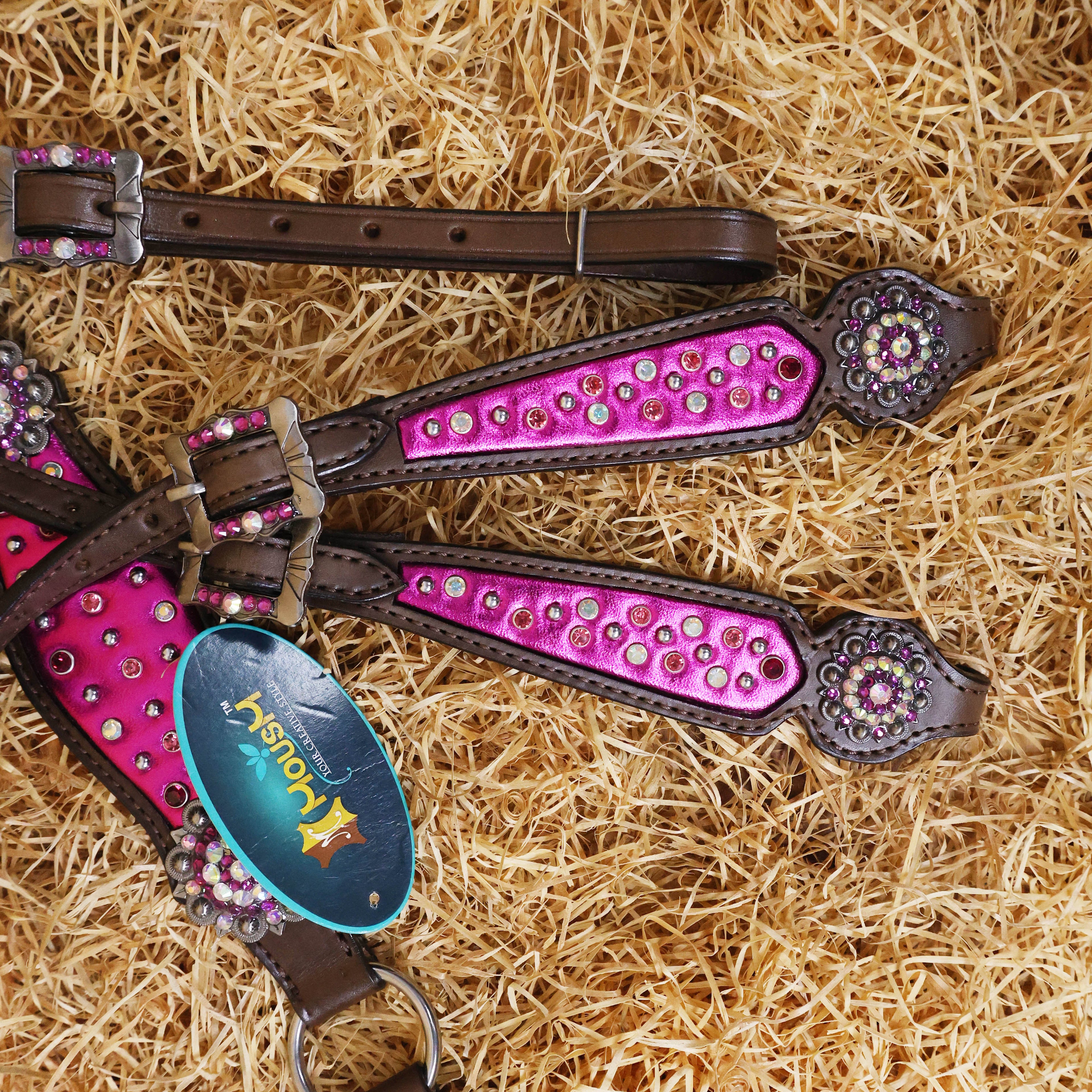 MOUSM Western Headstall and Breast Collar with Pink Gladiator Leather, Decorated with Red, White, and Orange Clear Stones, Surrounded by Matching Conchos and Buckles.