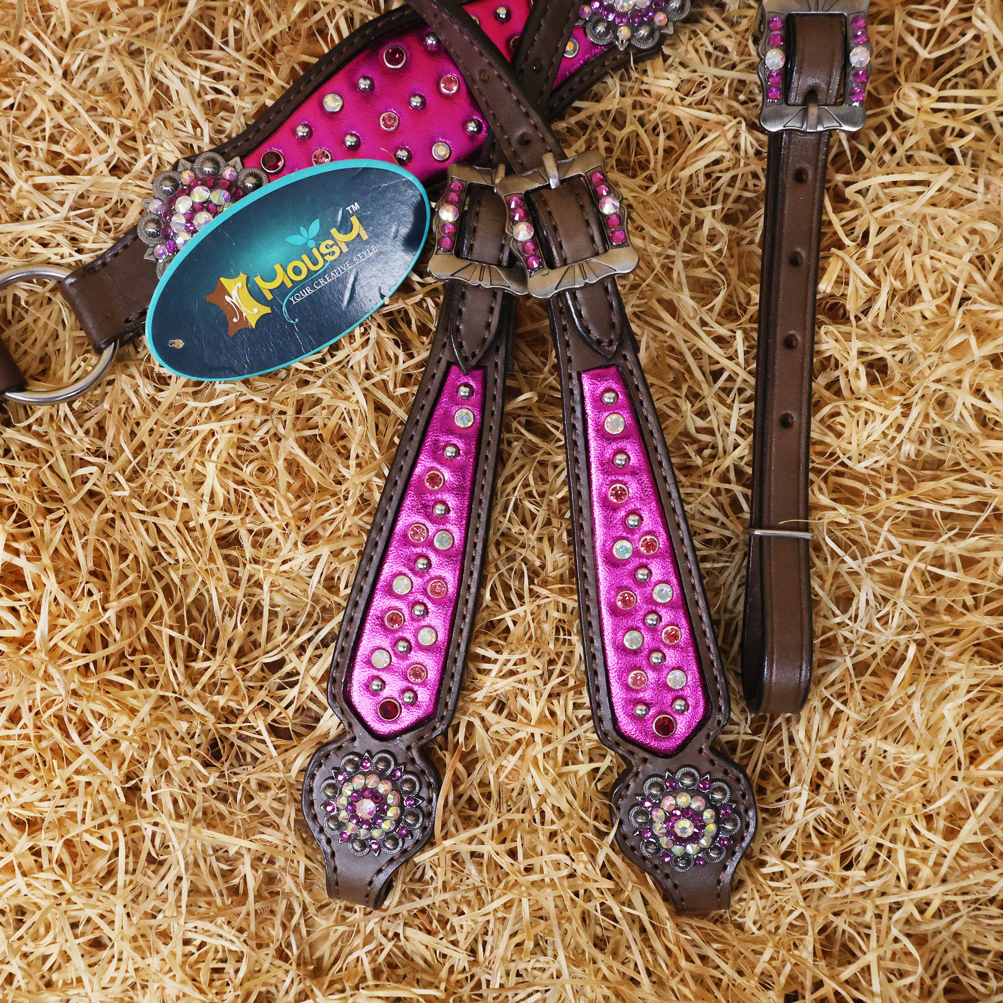 MOUSM Western Headstall and Breast Collar with Pink Gladiator Leather, Decorated with Red, White, and Orange Clear Stones, Surrounded by Matching Conchos and Buckles.