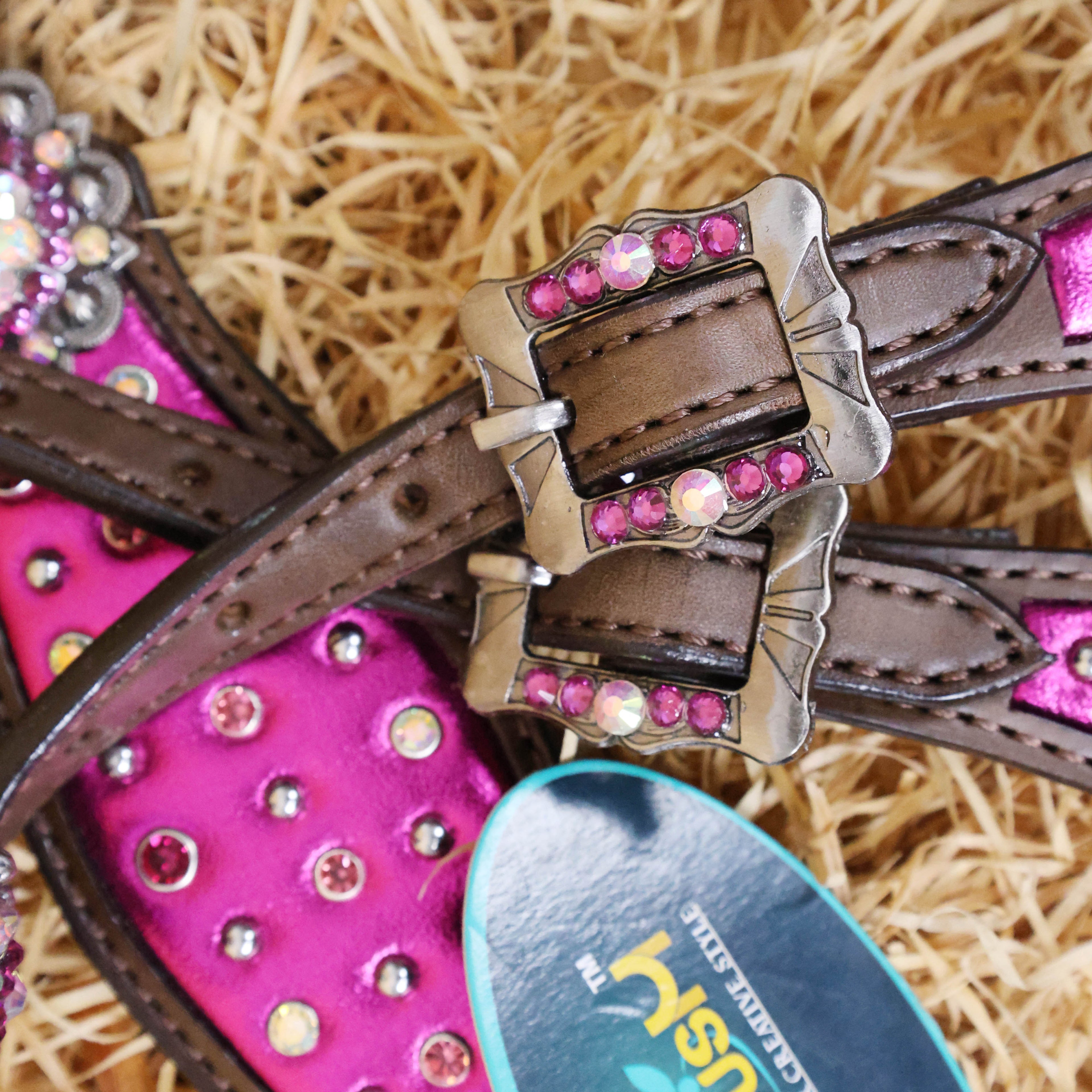 MOUSM Western Headstall and Breast Collar with Pink Gladiator Leather, Decorated with Red, White, and Orange Clear Stones, Surrounded by Matching Conchos and Buckles.