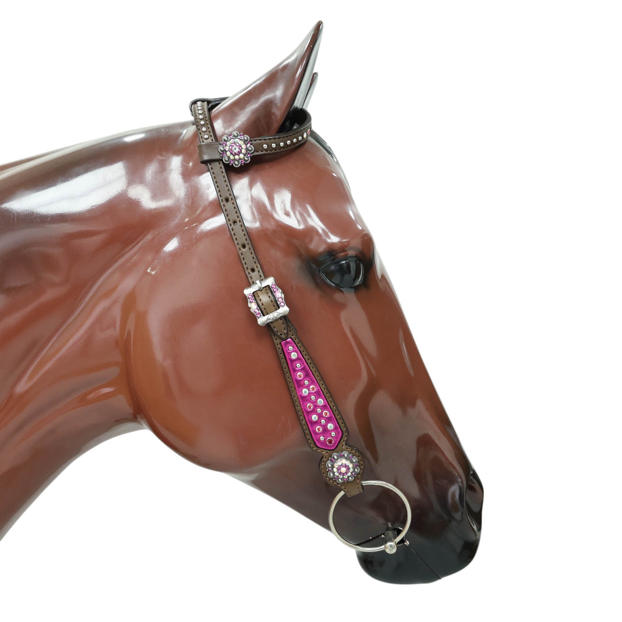 MOUSM Western Headstall and Breast Collar with Pink Gladiator Leather, Decorated with Red, White, and Orange Clear Stones, Surrounded by Matching Conchos and Buckles.