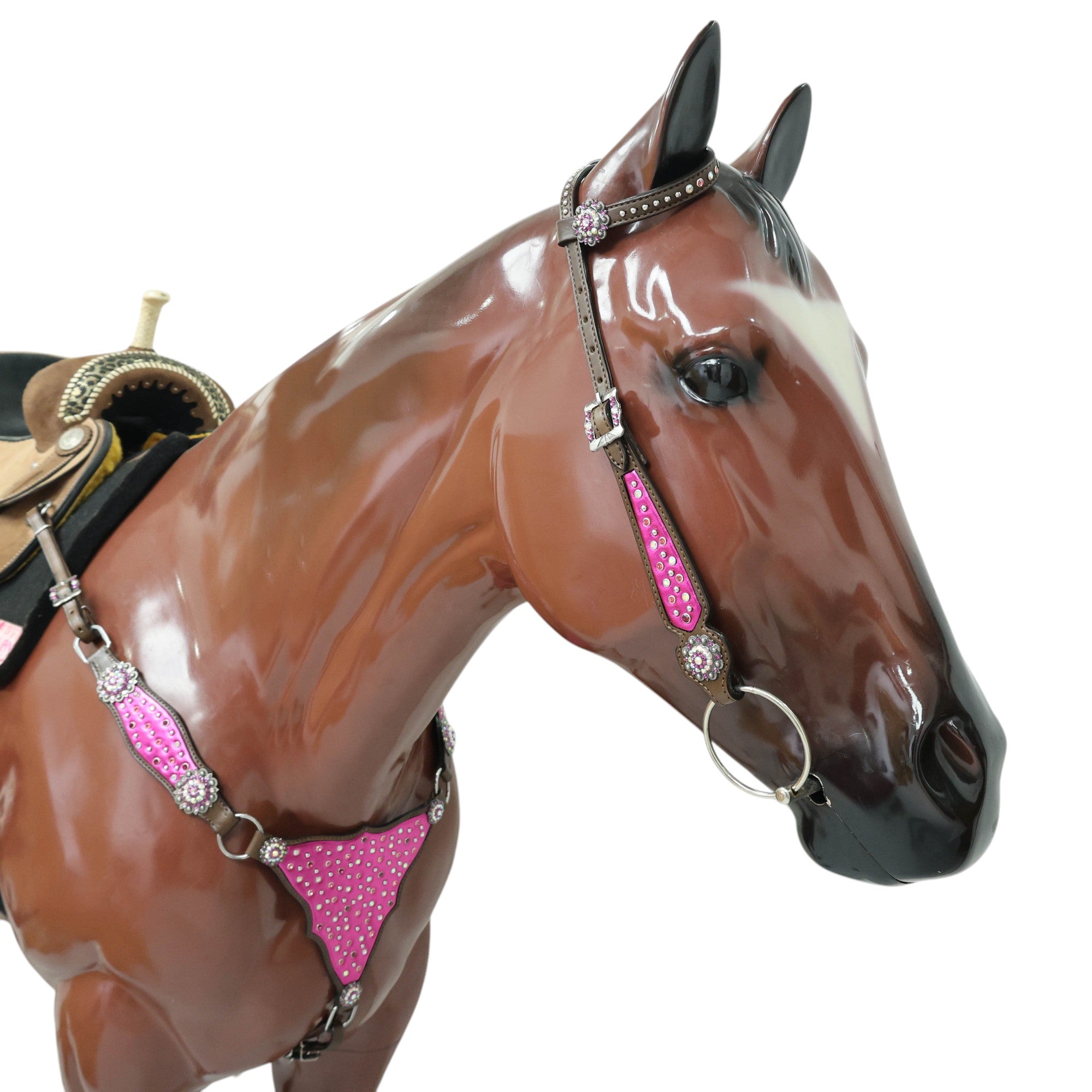 MOUSM Western Headstall and Breast Collar with Pink Gladiator Leather, Decorated with Red, White, and Orange Clear Stones, Surrounded by Matching Conchos and Buckles.