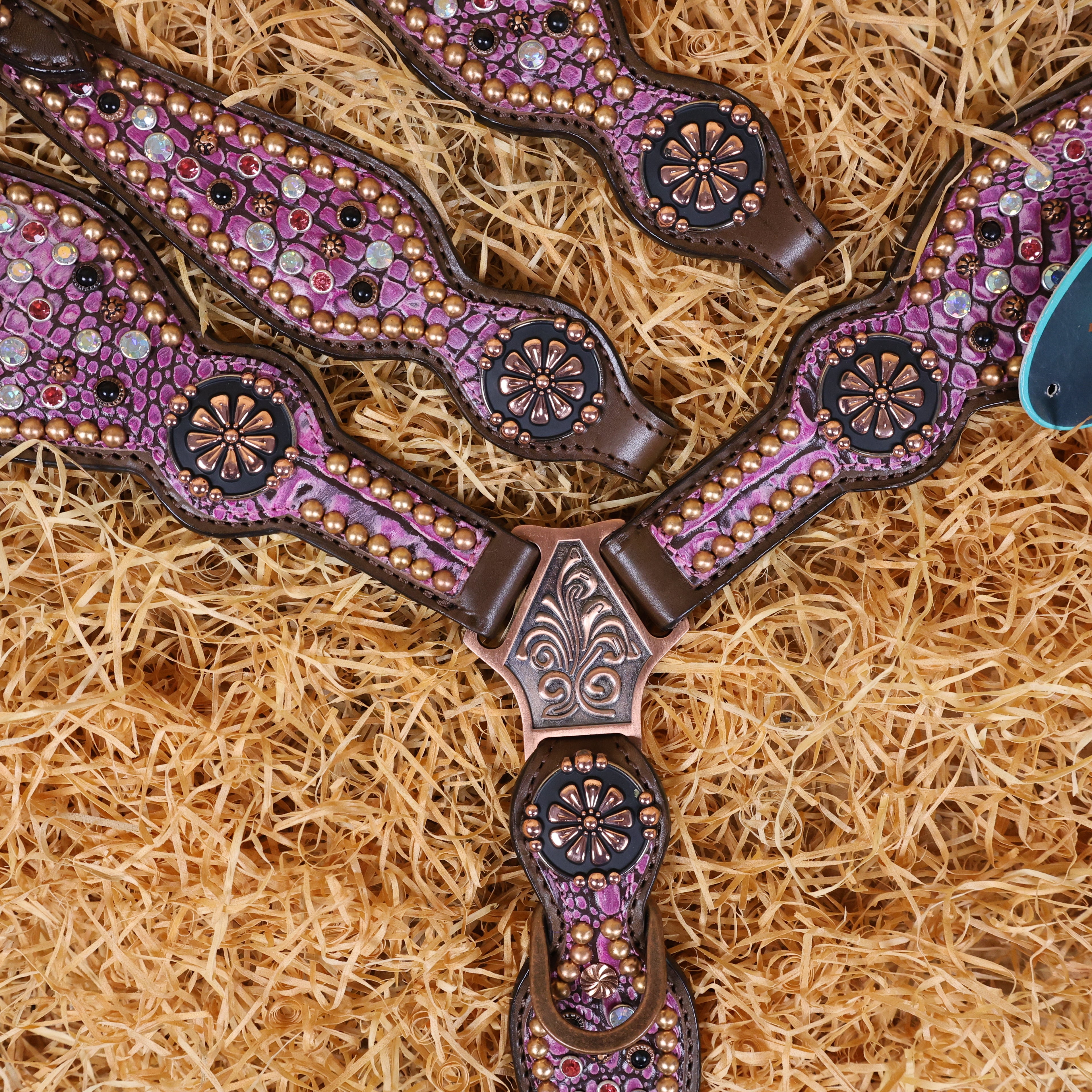 MOUSM Western Headstall and Breast Collar Set Decorated with AB Rhinestones and Surrounded by Studs on Pink Crocodile Skin-Textured Pattern Inlay.