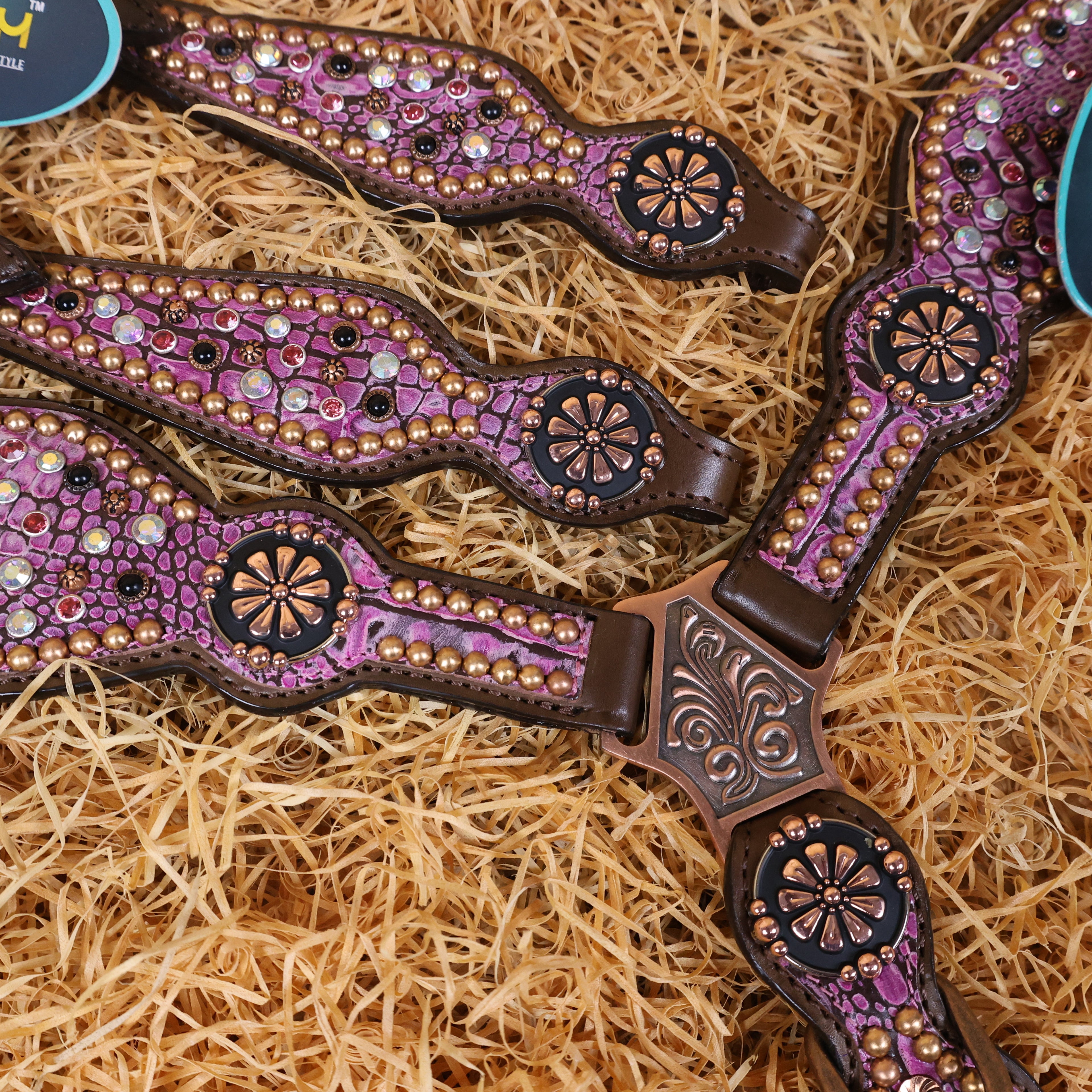 MOUSM Western Headstall and Breast Collar Set Decorated with AB Rhinestones and Surrounded by Studs on Pink Crocodile Skin-Textured Pattern Inlay.
