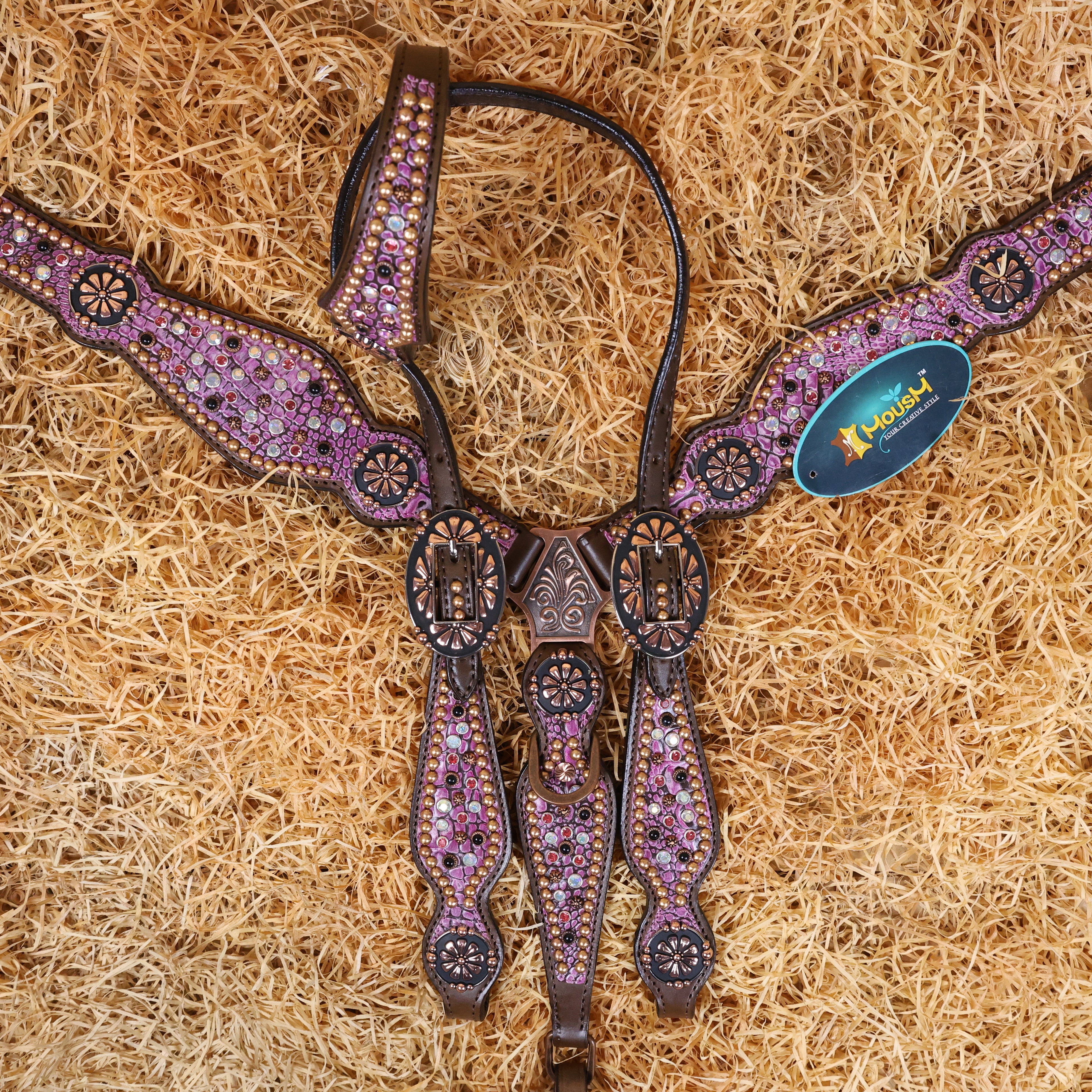 MOUSM Western Headstall and Breast Collar Set Decorated with AB Rhinestones and Surrounded by Studs on Pink Crocodile Skin-Textured Pattern Inlay.