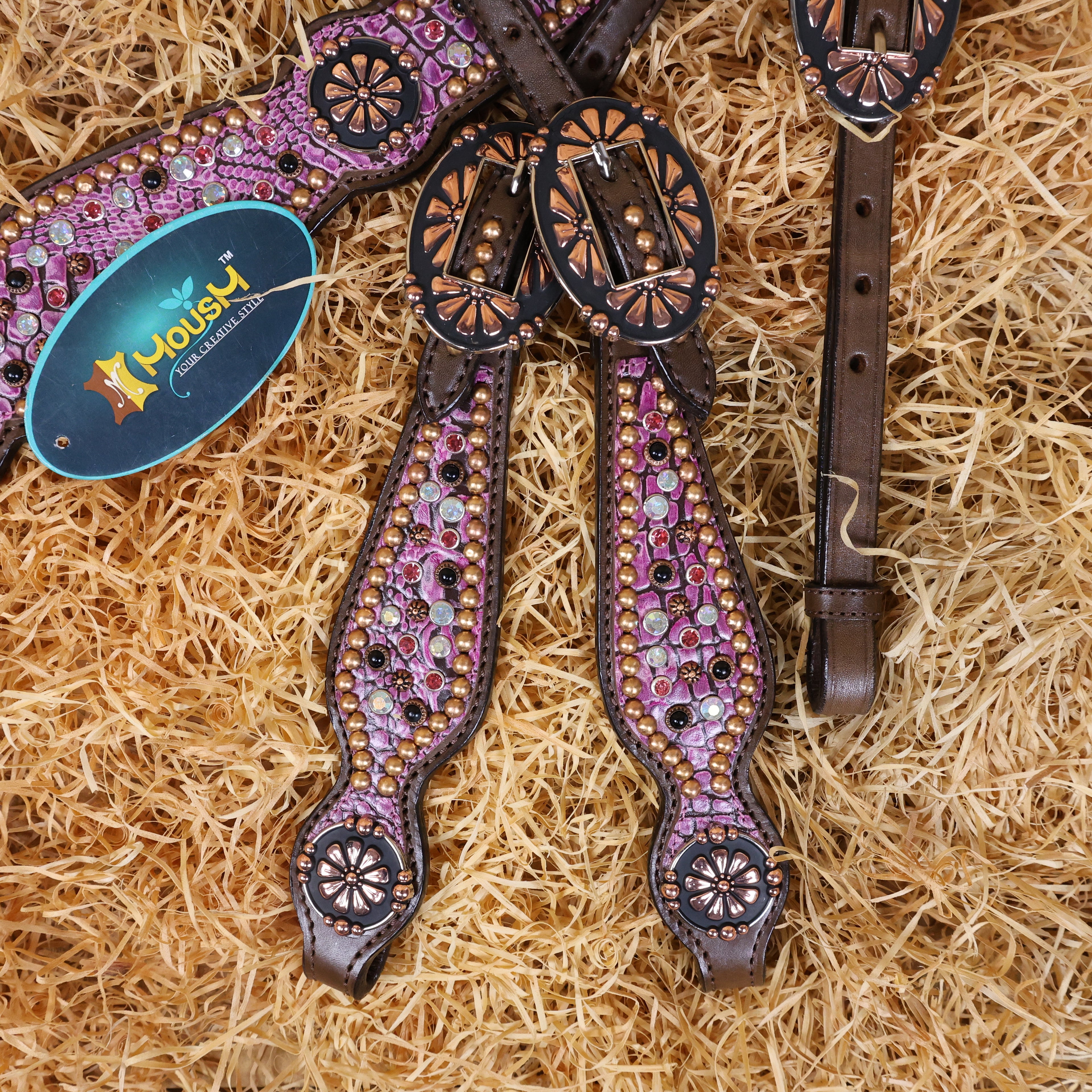 MOUSM Western Headstall and Breast Collar Set Decorated with AB Rhinestones and Surrounded by Studs on Pink Crocodile Skin-Textured Pattern Inlay.