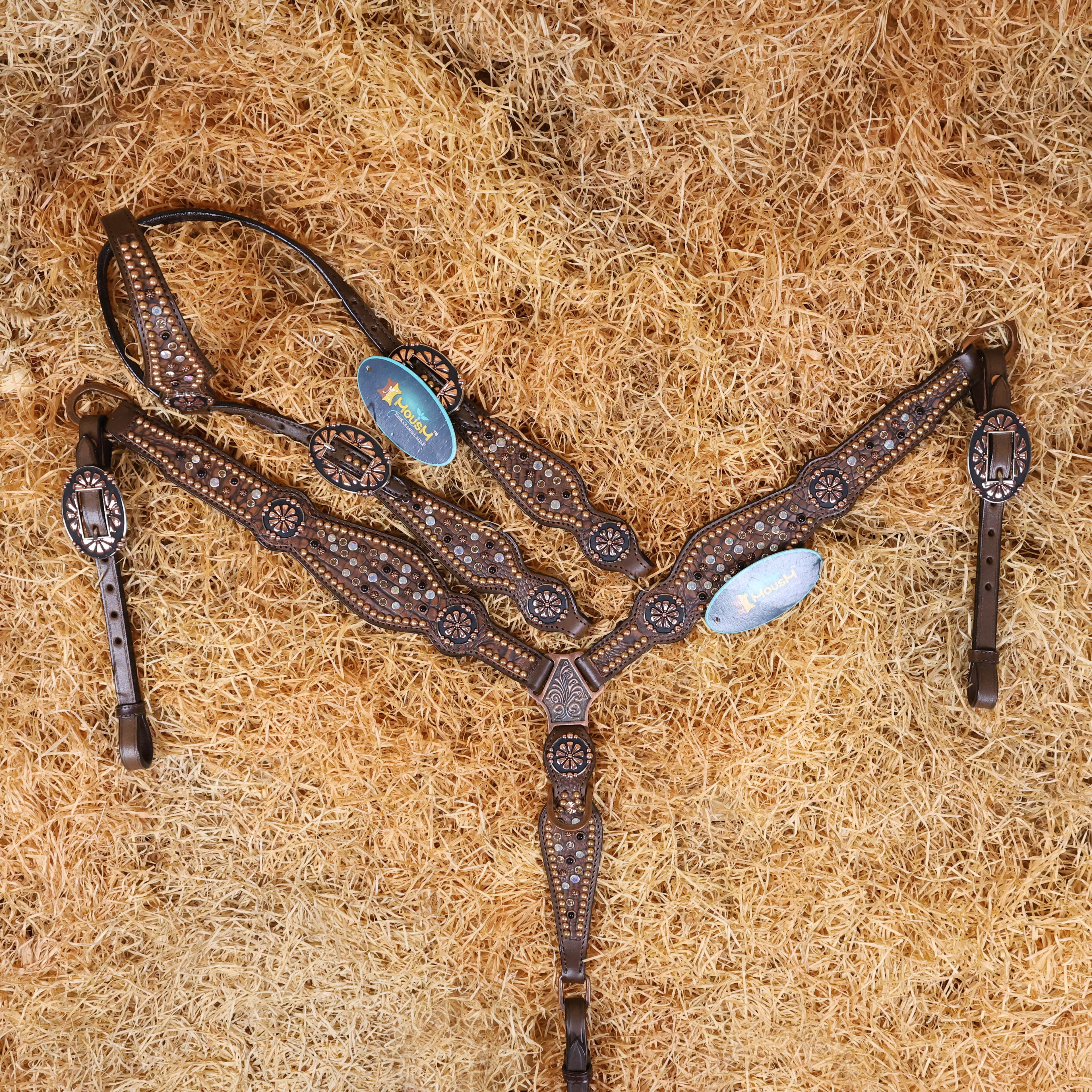 MOUSM Western Headstall and Breast Collar Set Handcrafted on Brown Alligator Skin-Textured Leather Inlay AB Rhinestones & Copper Studs.