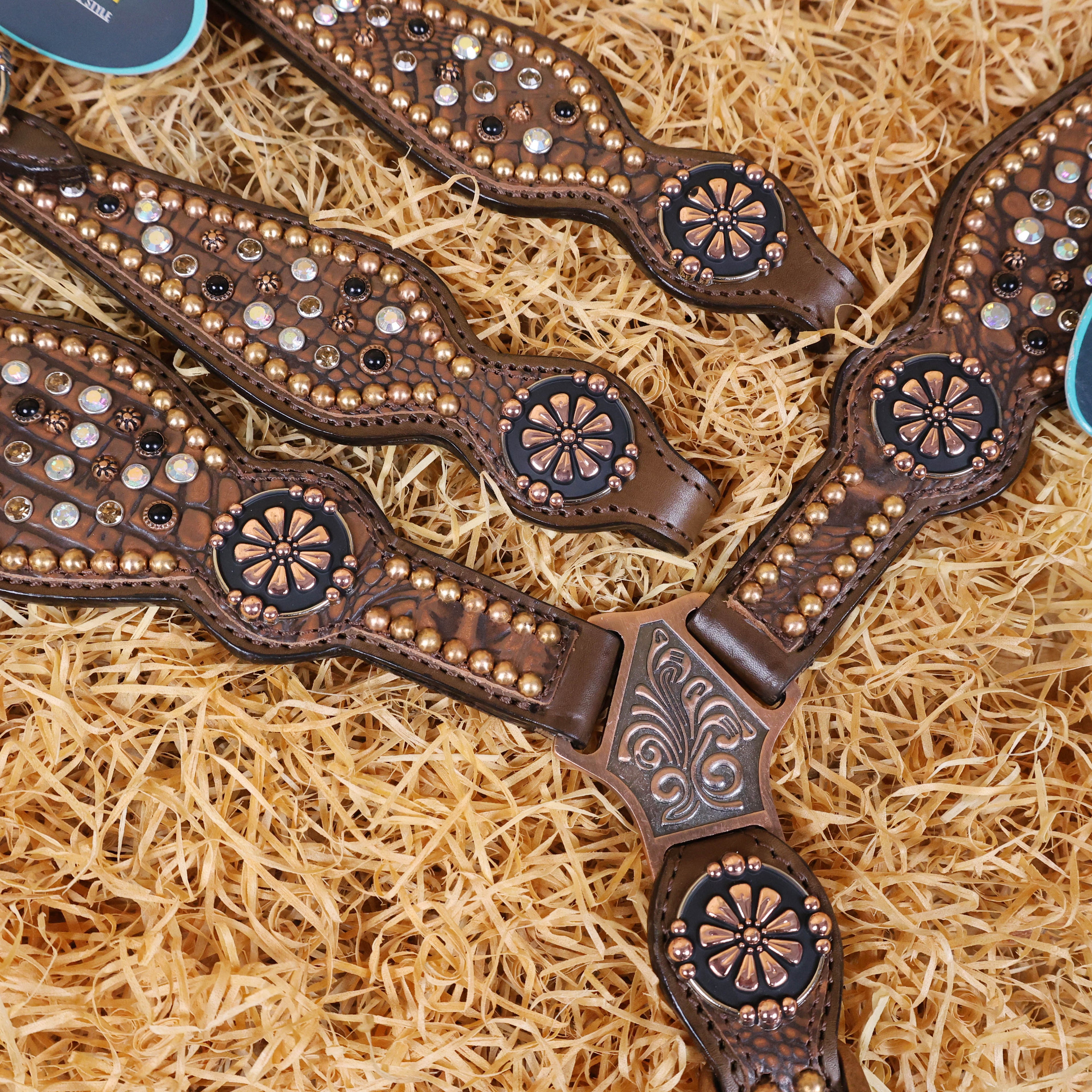 MOUSM Western Headstall and Breast Collar Set Handcrafted on Brown Alligator Skin-Textured Leather Inlay AB Rhinestones & Copper Studs.