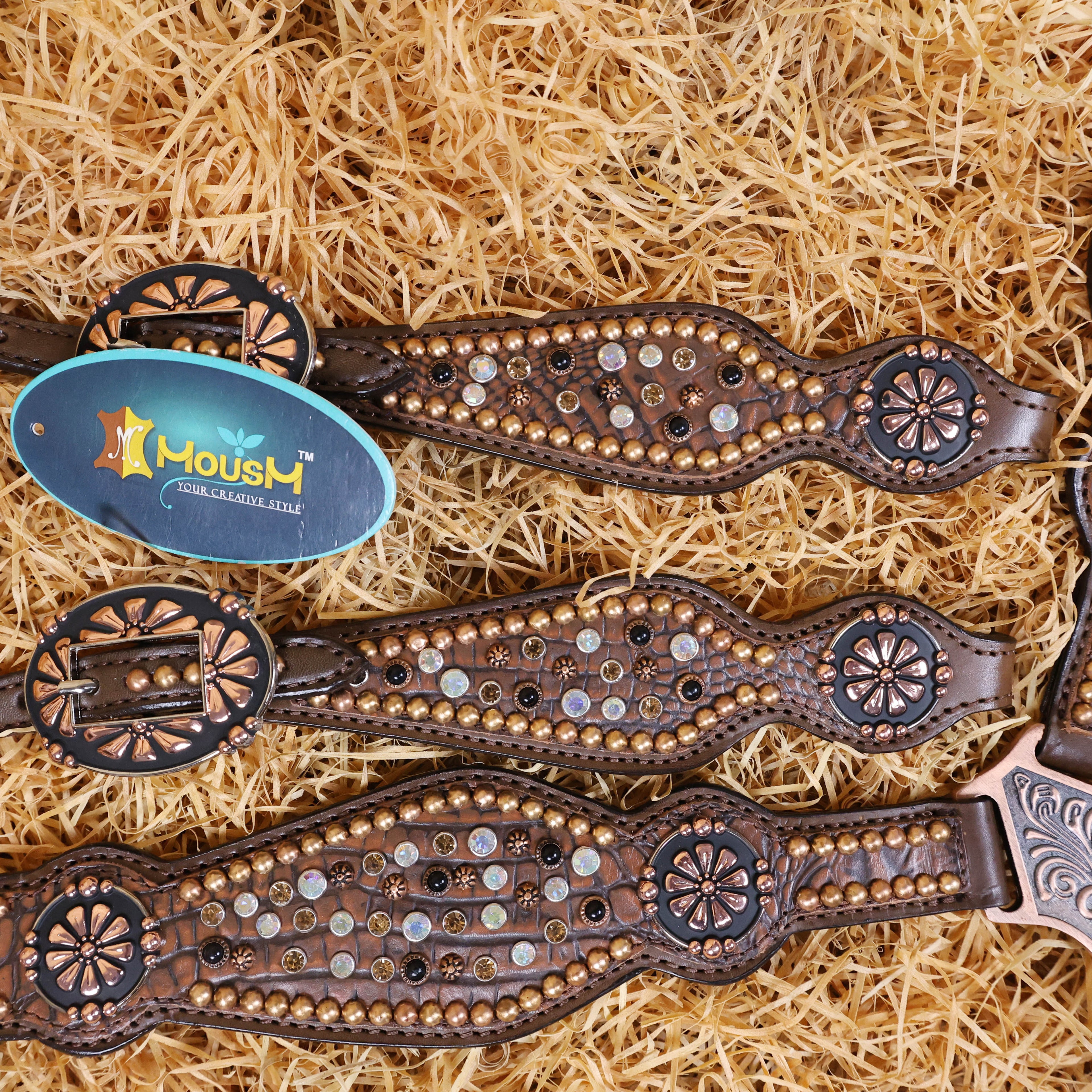 MOUSM Western Headstall and Breast Collar Set Handcrafted on Brown Alligator Skin-Textured Leather Inlay AB Rhinestones & Copper Studs.