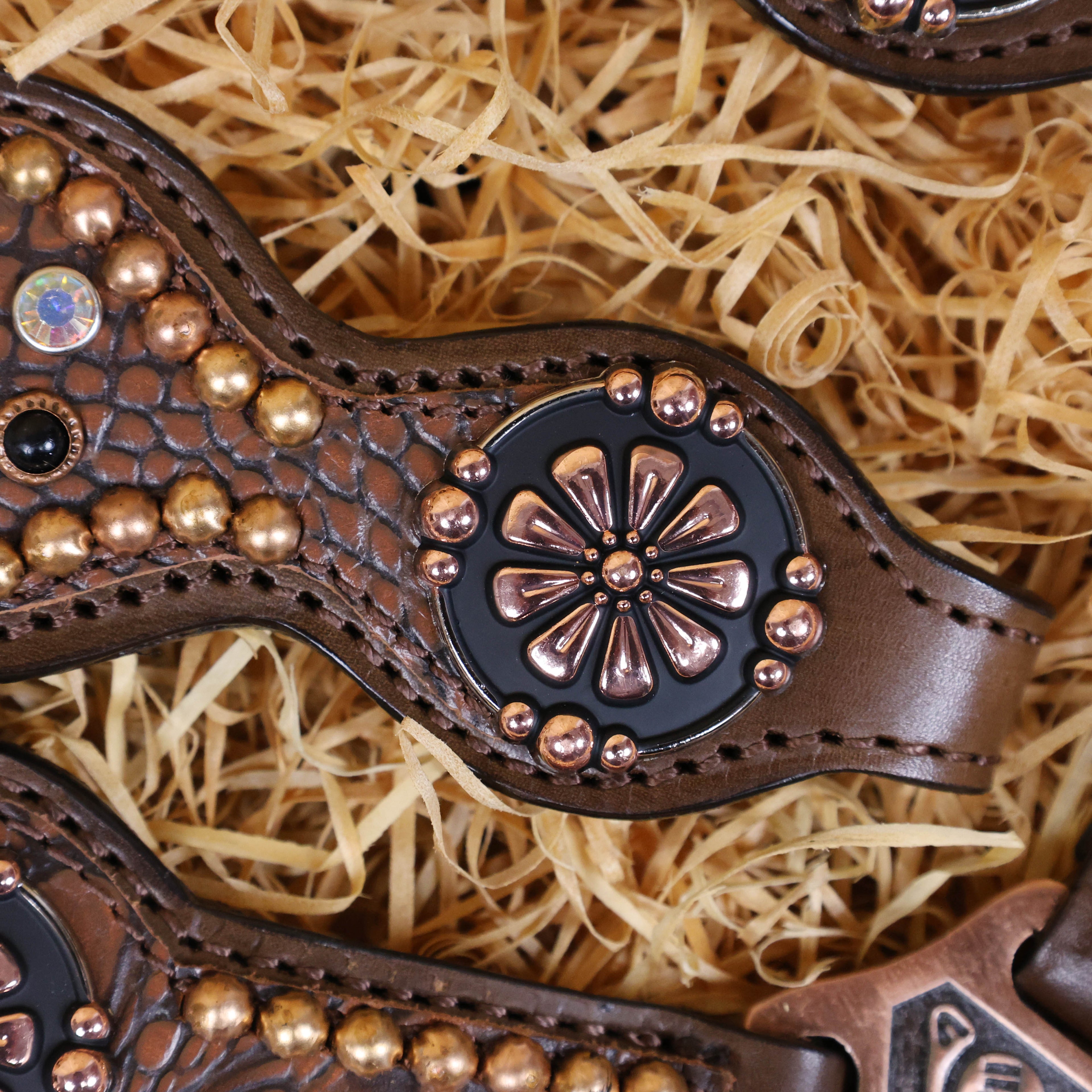 MOUSM Western Headstall and Breast Collar Set Handcrafted on Brown Alligator Skin-Textured Leather Inlay AB Rhinestones & Copper Studs.