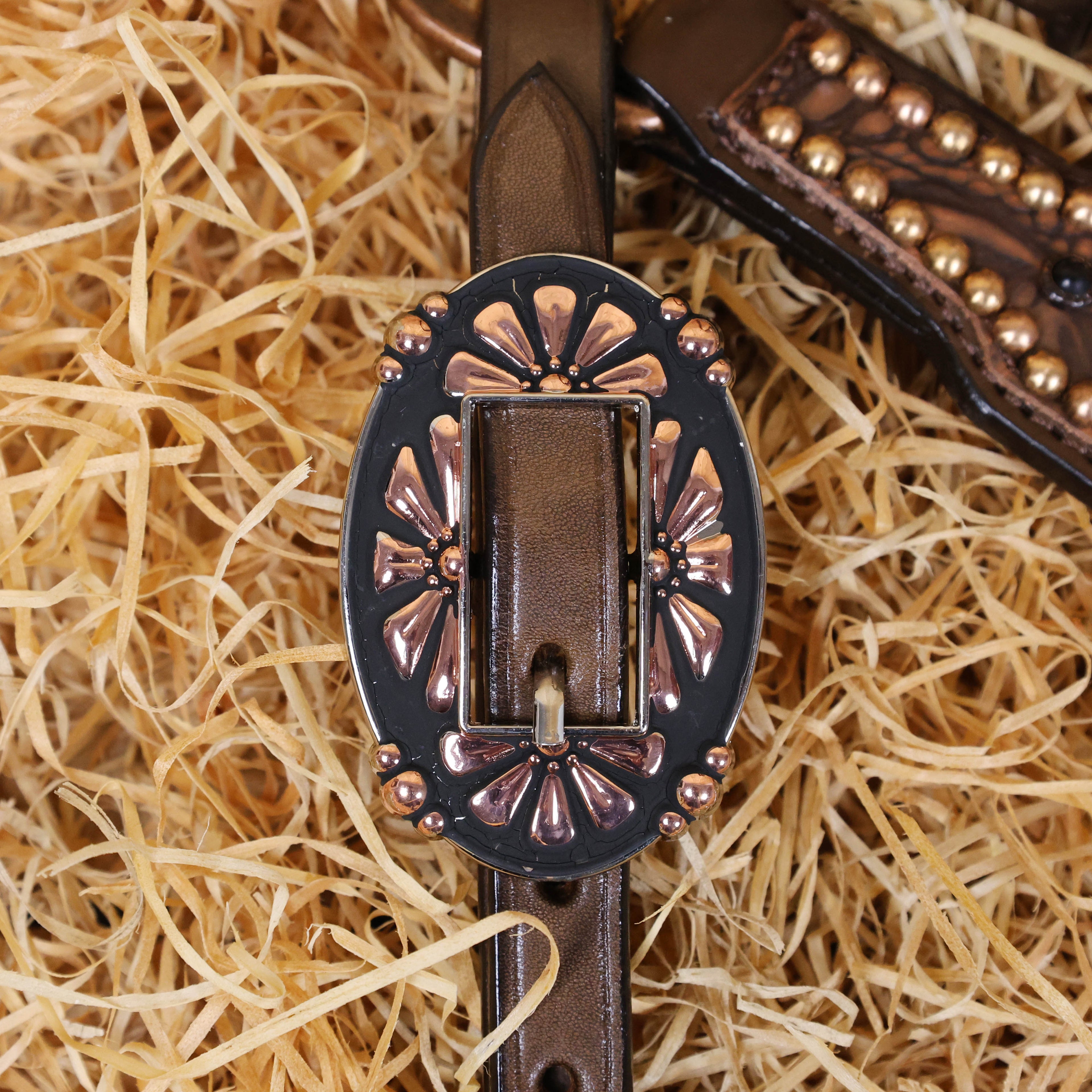 MOUSM Western Headstall and Breast Collar Set Handcrafted on Brown Alligator Skin-Textured Leather Inlay AB Rhinestones & Copper Studs.