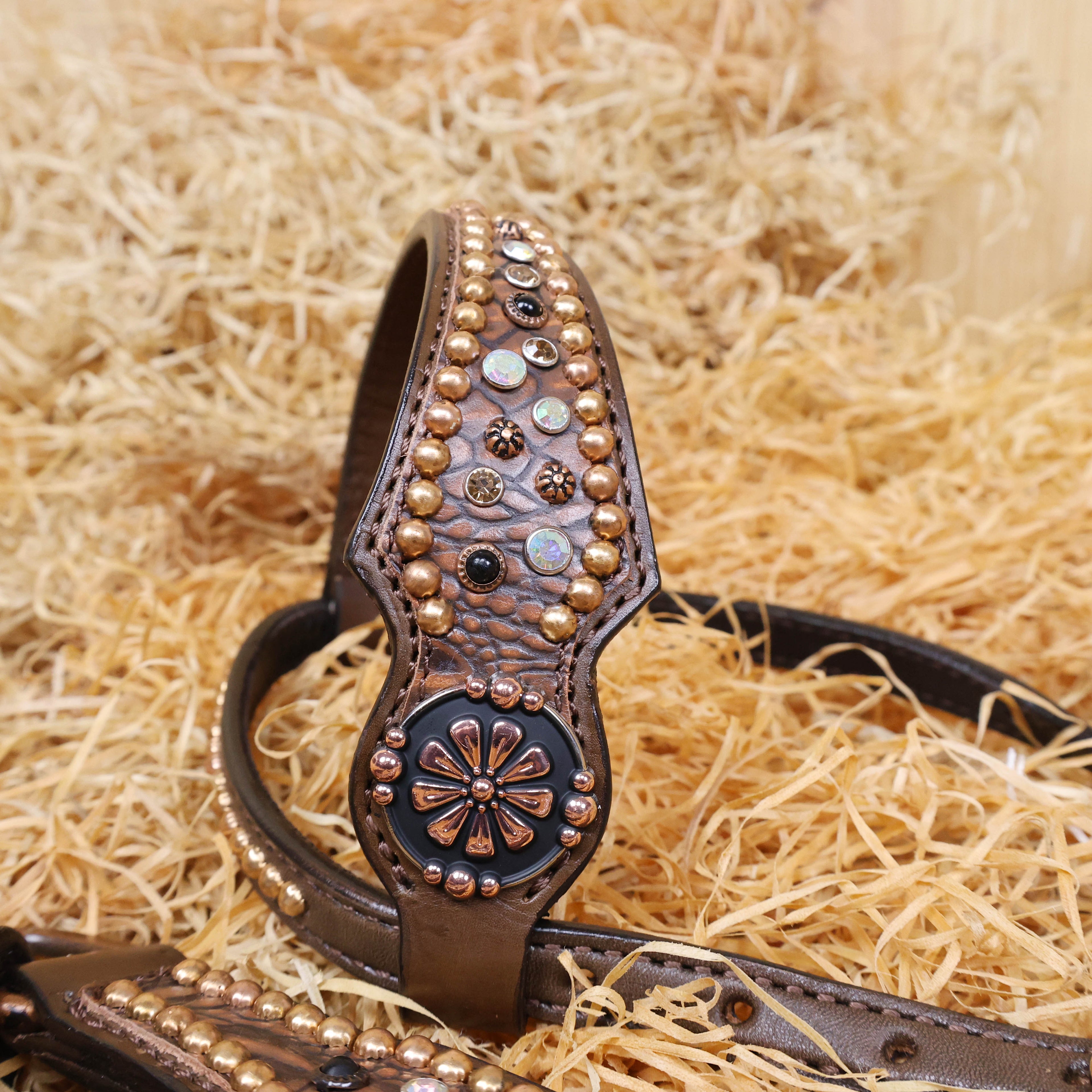 MOUSM Western Headstall and Breast Collar Set Handcrafted on Brown Alligator Skin-Textured Leather Inlay AB Rhinestones & Copper Studs.