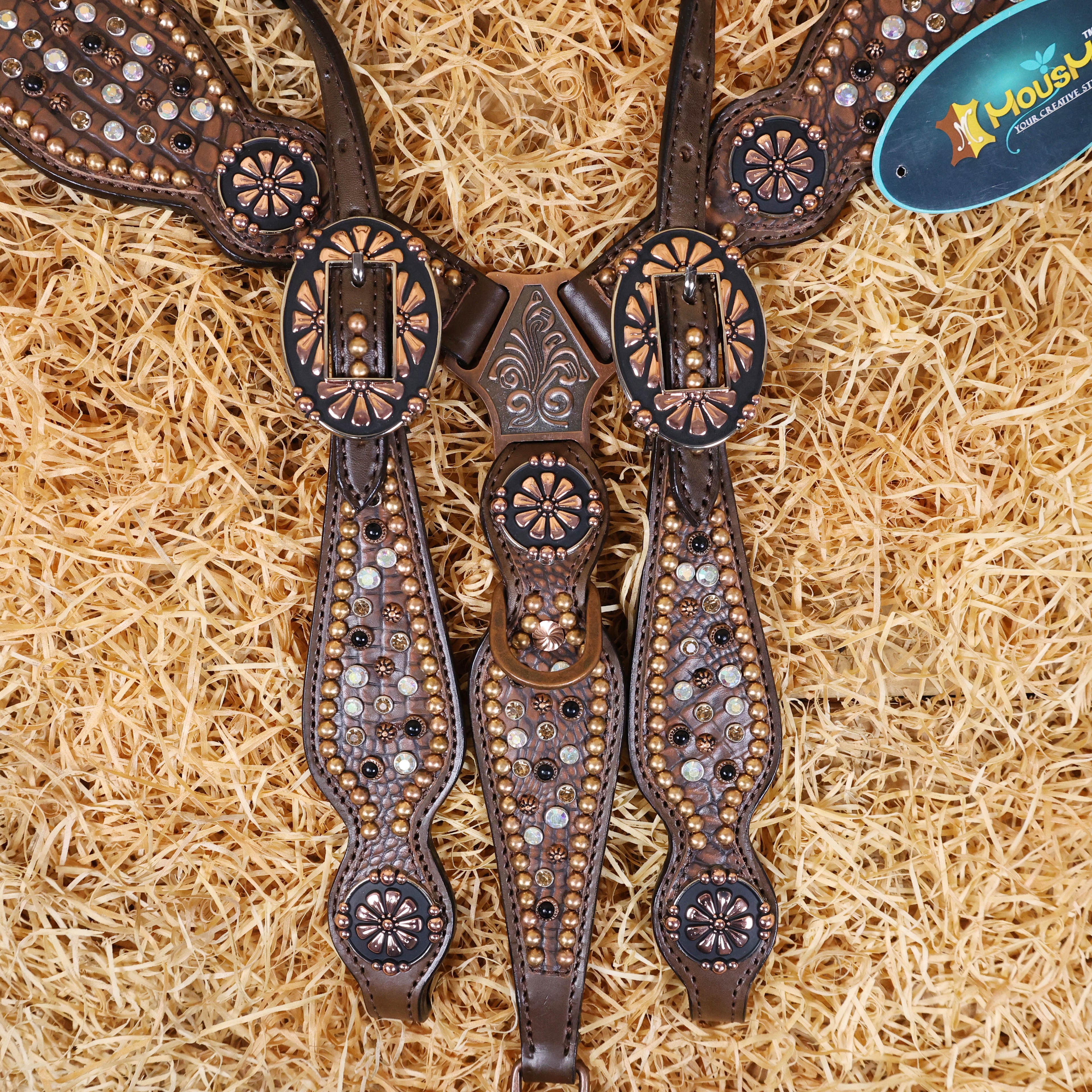 MOUSM Western Headstall and Breast Collar Set Handcrafted on Brown Alligator Skin-Textured Leather Inlay AB Rhinestones & Copper Studs.