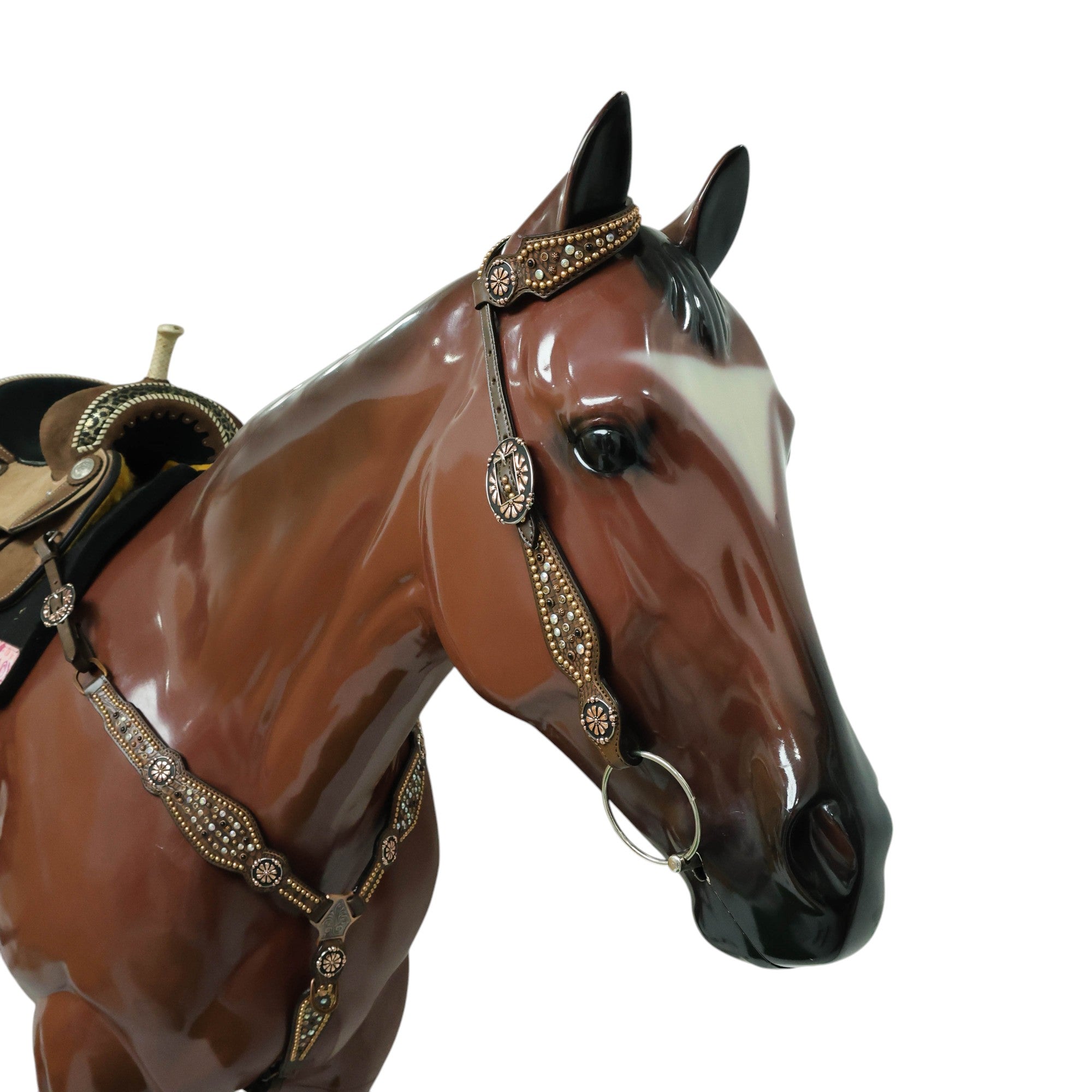 MOUSM Western Headstall and Breast Collar Set Handcrafted on Brown Alligator Skin-Textured Leather Inlay AB Rhinestones & Copper Studs.