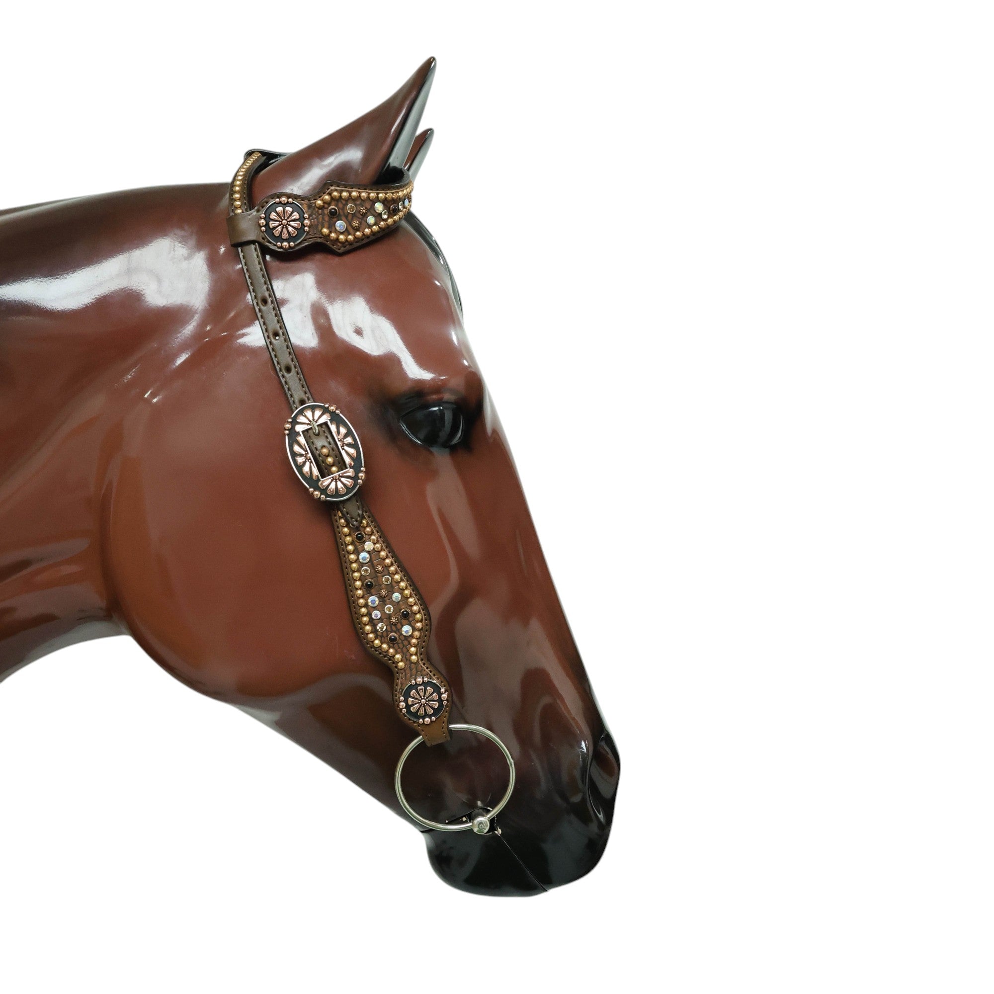 MOUSM Western Headstall and Breast Collar Set Handcrafted on Brown Alligator Skin-Textured Leather Inlay AB Rhinestones & Copper Studs.