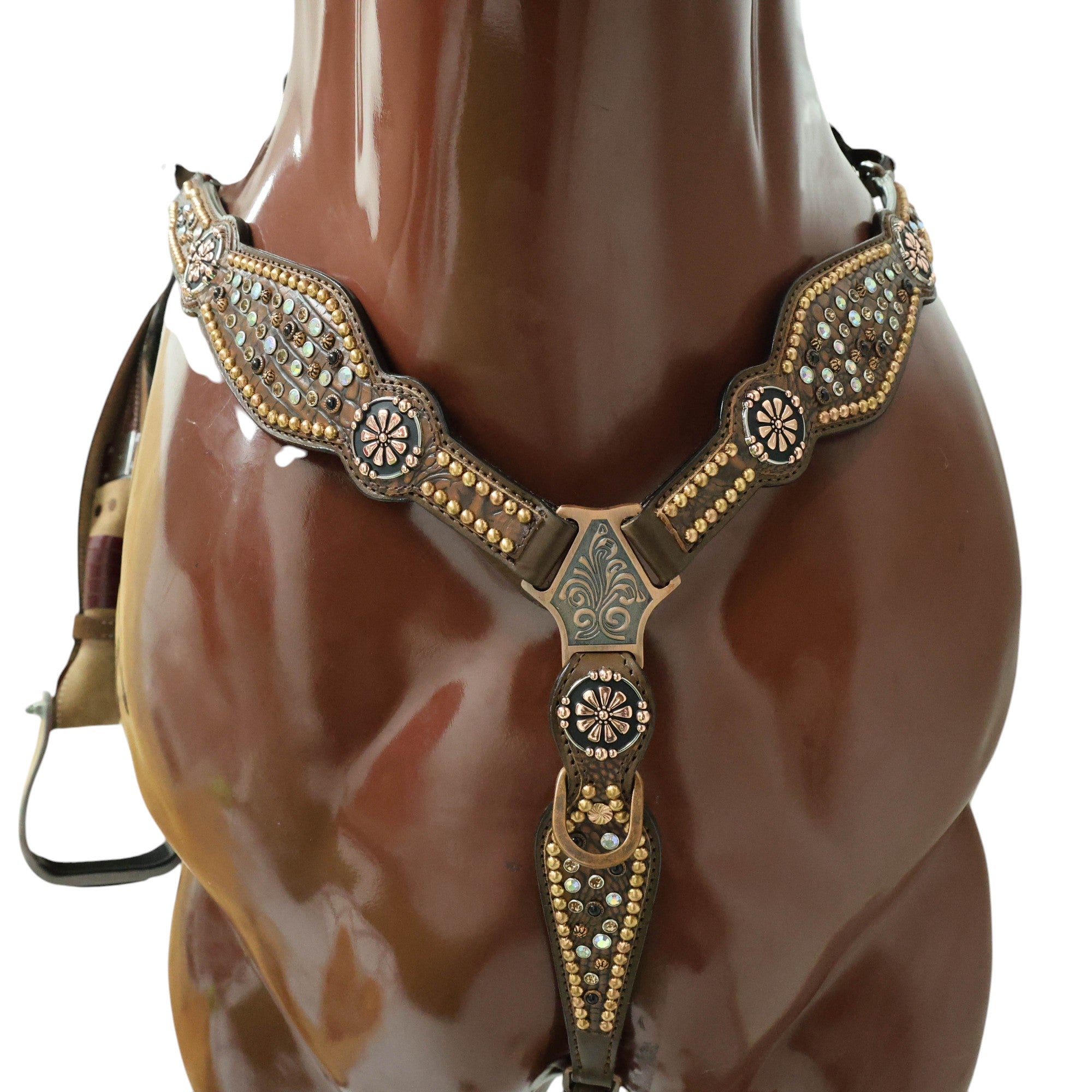 MOUSM Western Headstall and Breast Collar Set Handcrafted on Brown Alligator Skin-Textured Leather Inlay AB Rhinestones & Copper Studs.