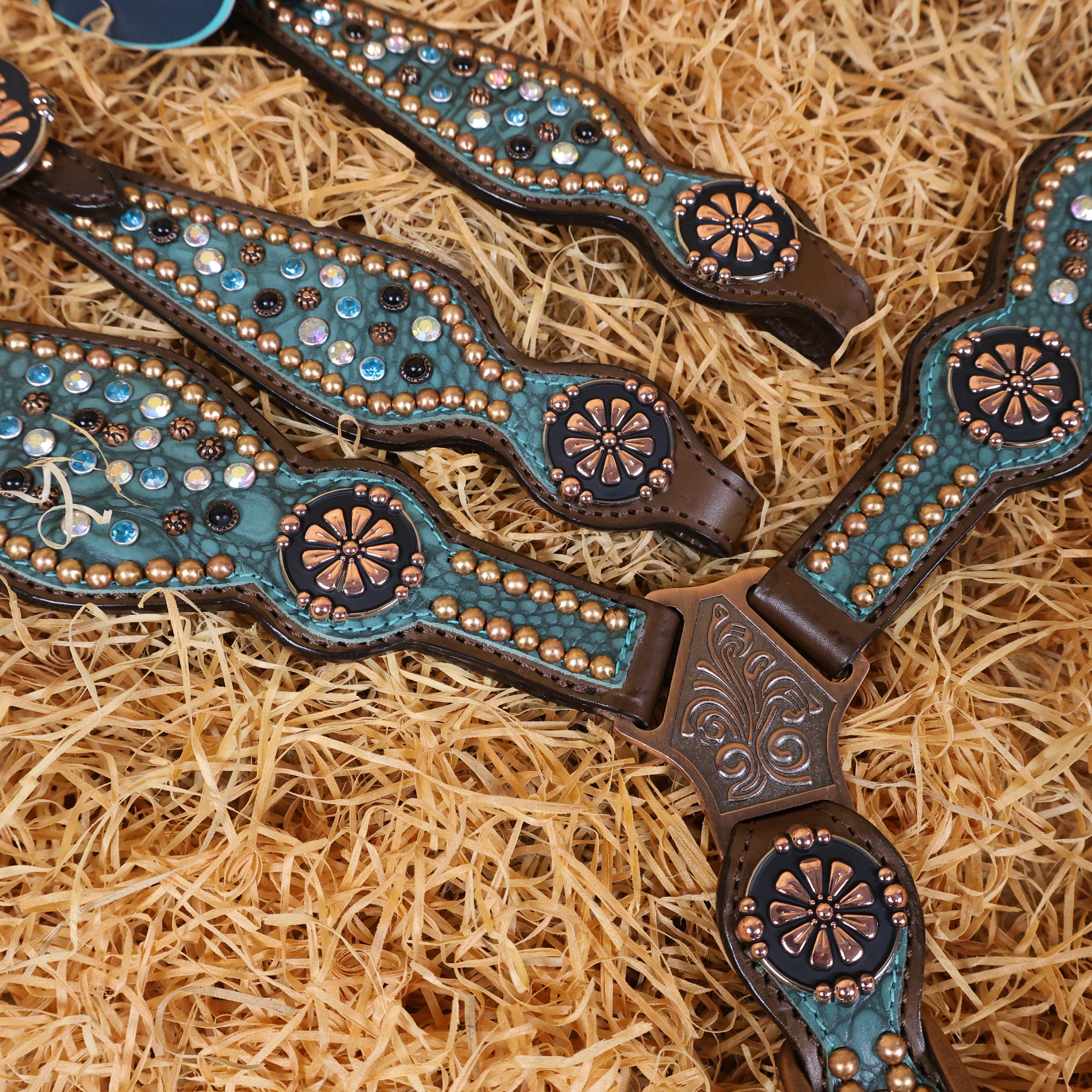 MOUSM Western Headstall and Breast Collar Set Decorated with Shining AB Rhinestones & Copper Studs on Turquoise Alligator Skin Textured Leather Inlay.