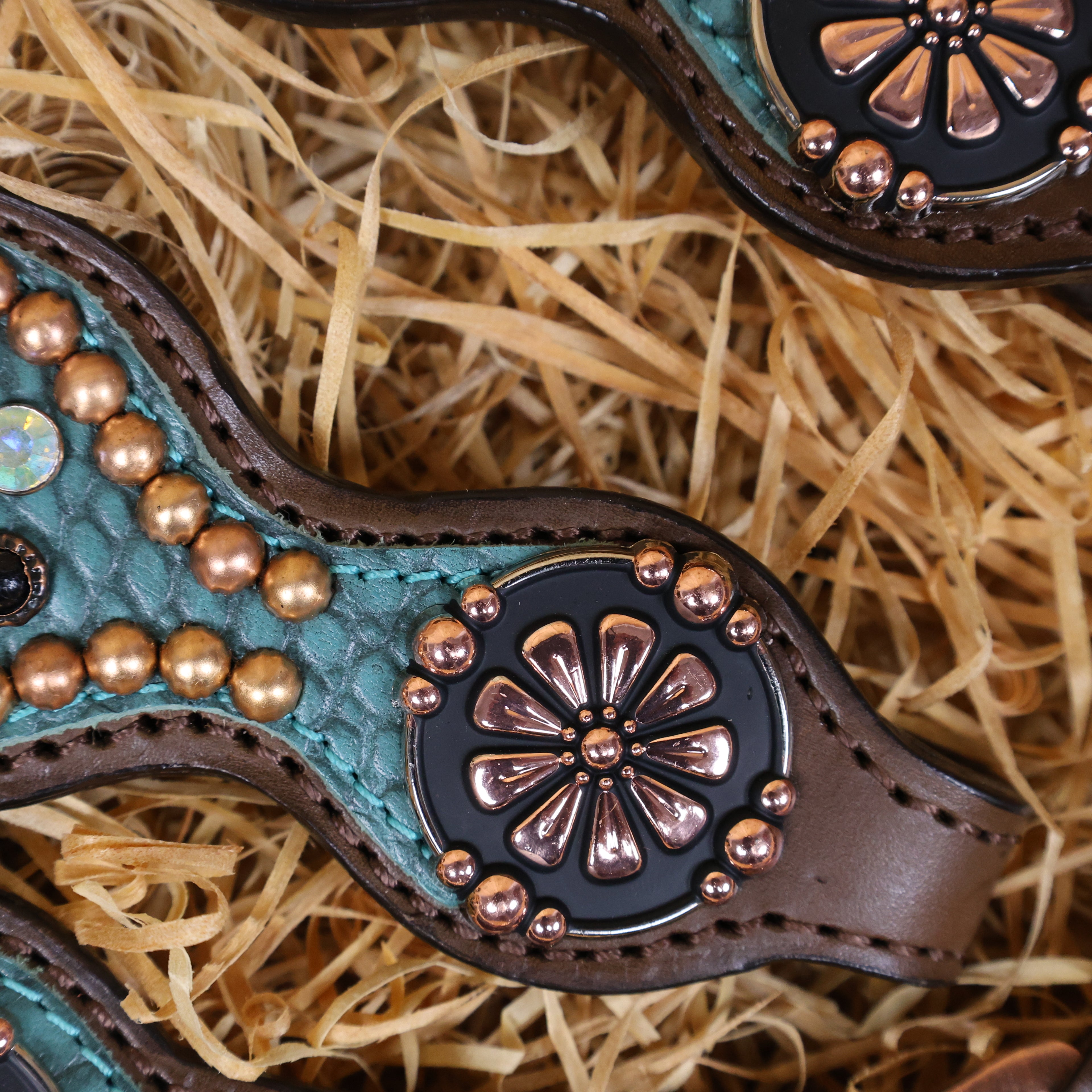 MOUSM Western Headstall and Breast Collar Set Decorated with Shining AB Rhinestones & Copper Studs on Turquoise Alligator Skin Textured Leather Inlay.