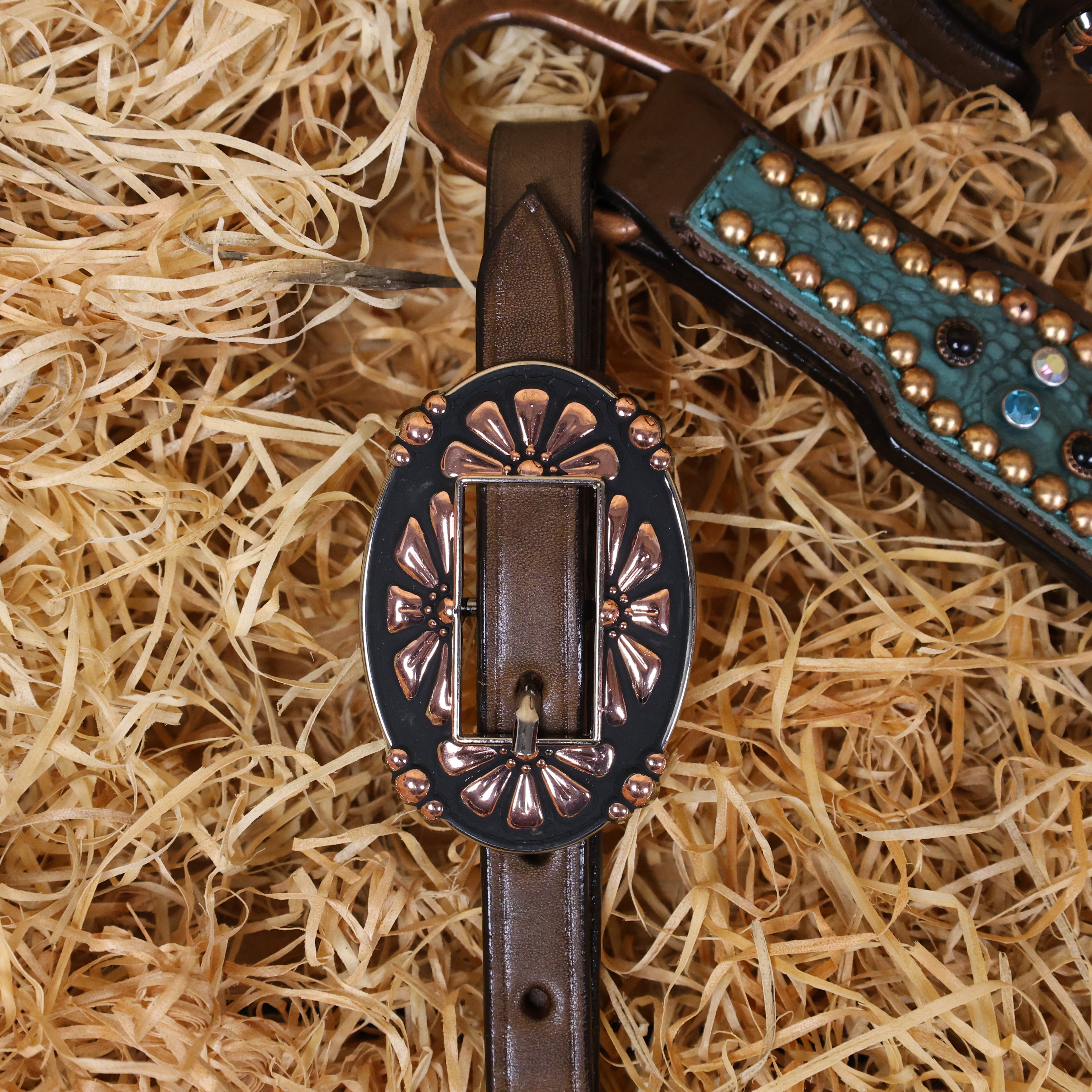 MOUSM Western Headstall and Breast Collar Set Decorated with Shining AB Rhinestones & Copper Studs on Turquoise Alligator Skin Textured Leather Inlay.