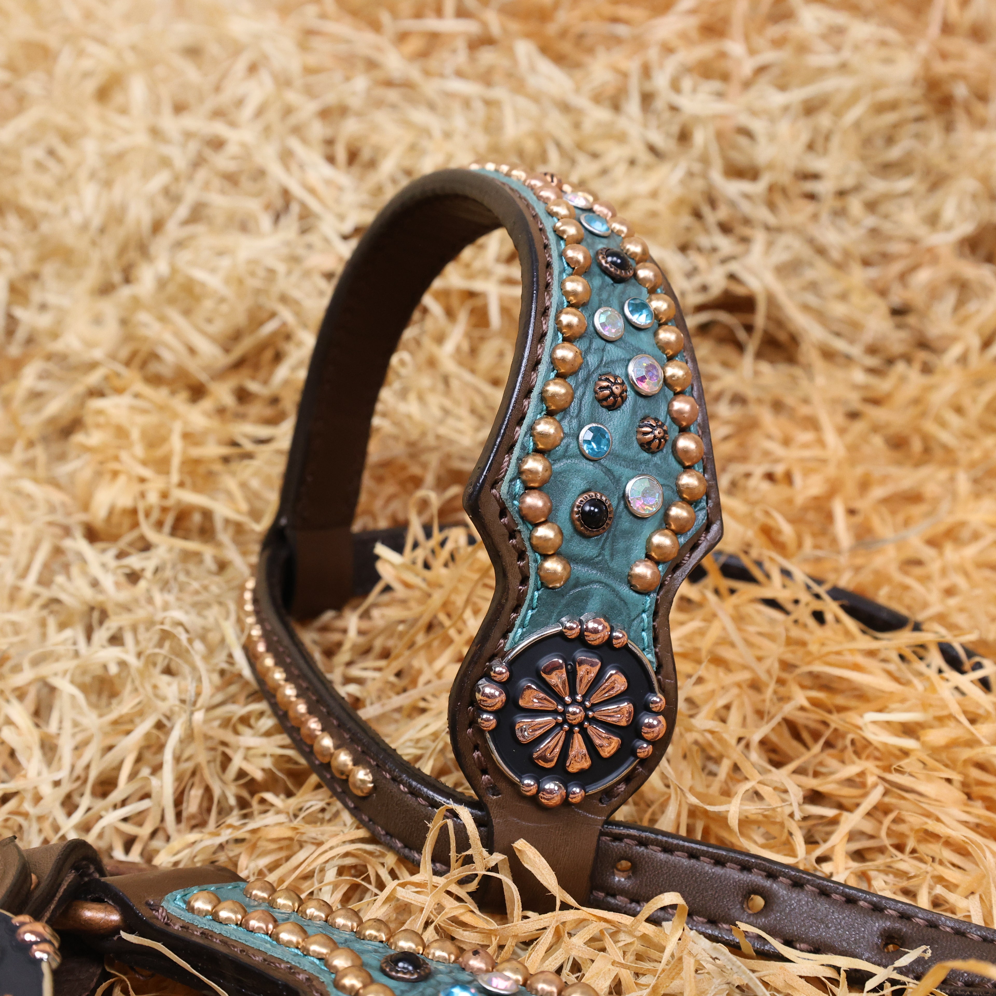 MOUSM Western Headstall and Breast Collar Set Decorated with Shining AB Rhinestones & Copper Studs on Turquoise Alligator Skin Textured Leather Inlay.