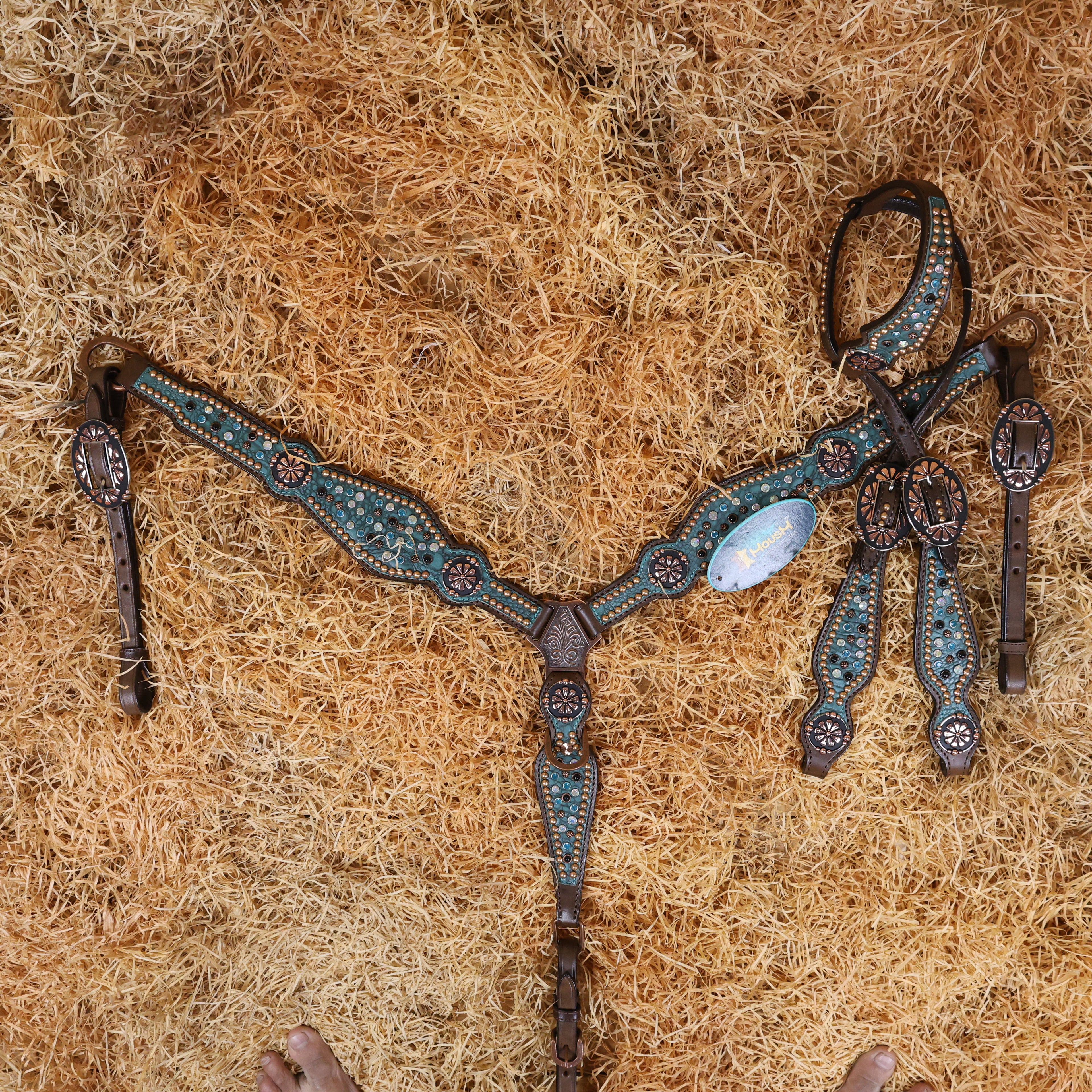 MOUSM Western Headstall and Breast Collar Set Decorated with Shining AB Rhinestones & Copper Studs on Turquoise Alligator Skin Textured Leather Inlay.