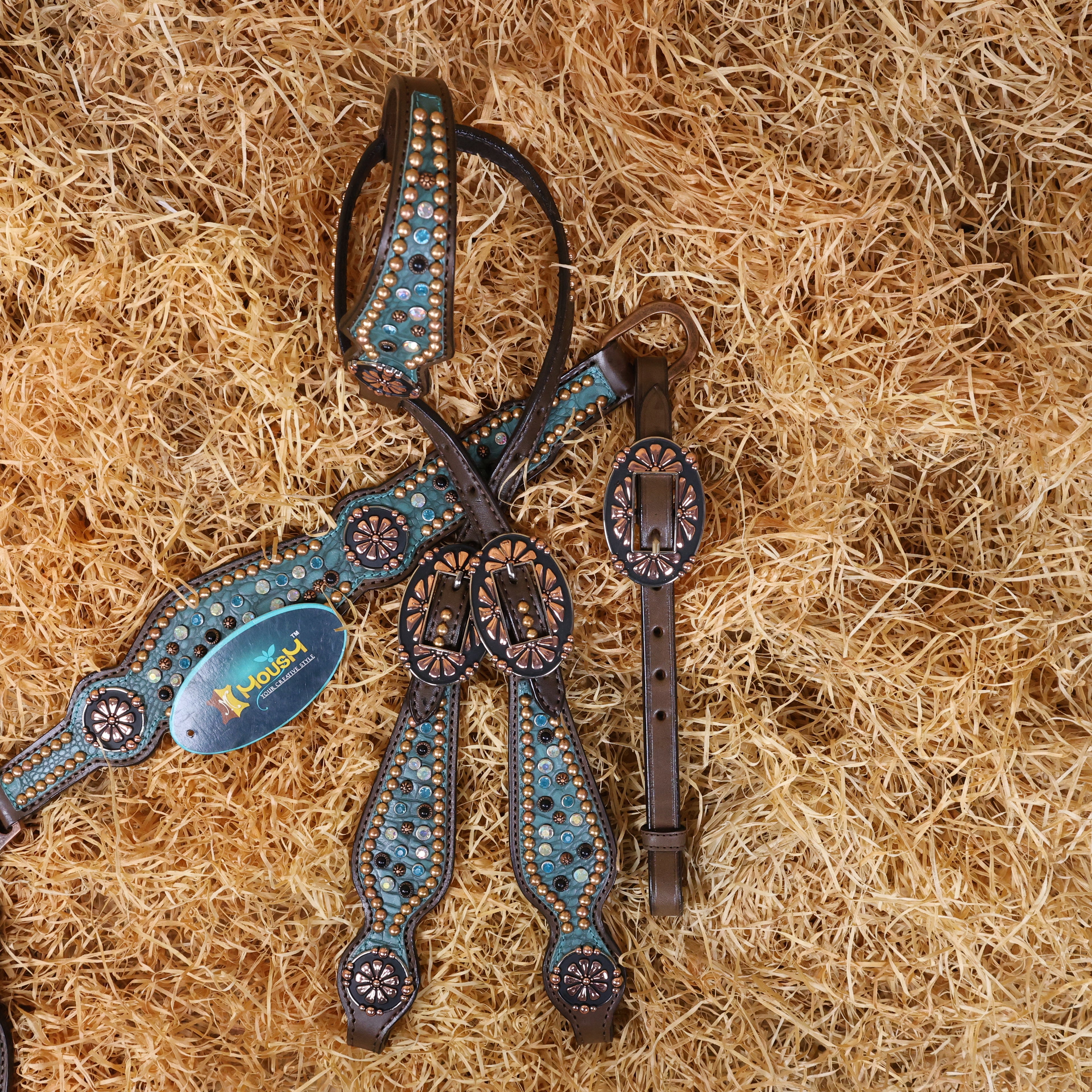 MOUSM Western Headstall and Breast Collar Set Decorated with Shining AB Rhinestones & Copper Studs on Turquoise Alligator Skin Textured Leather Inlay.